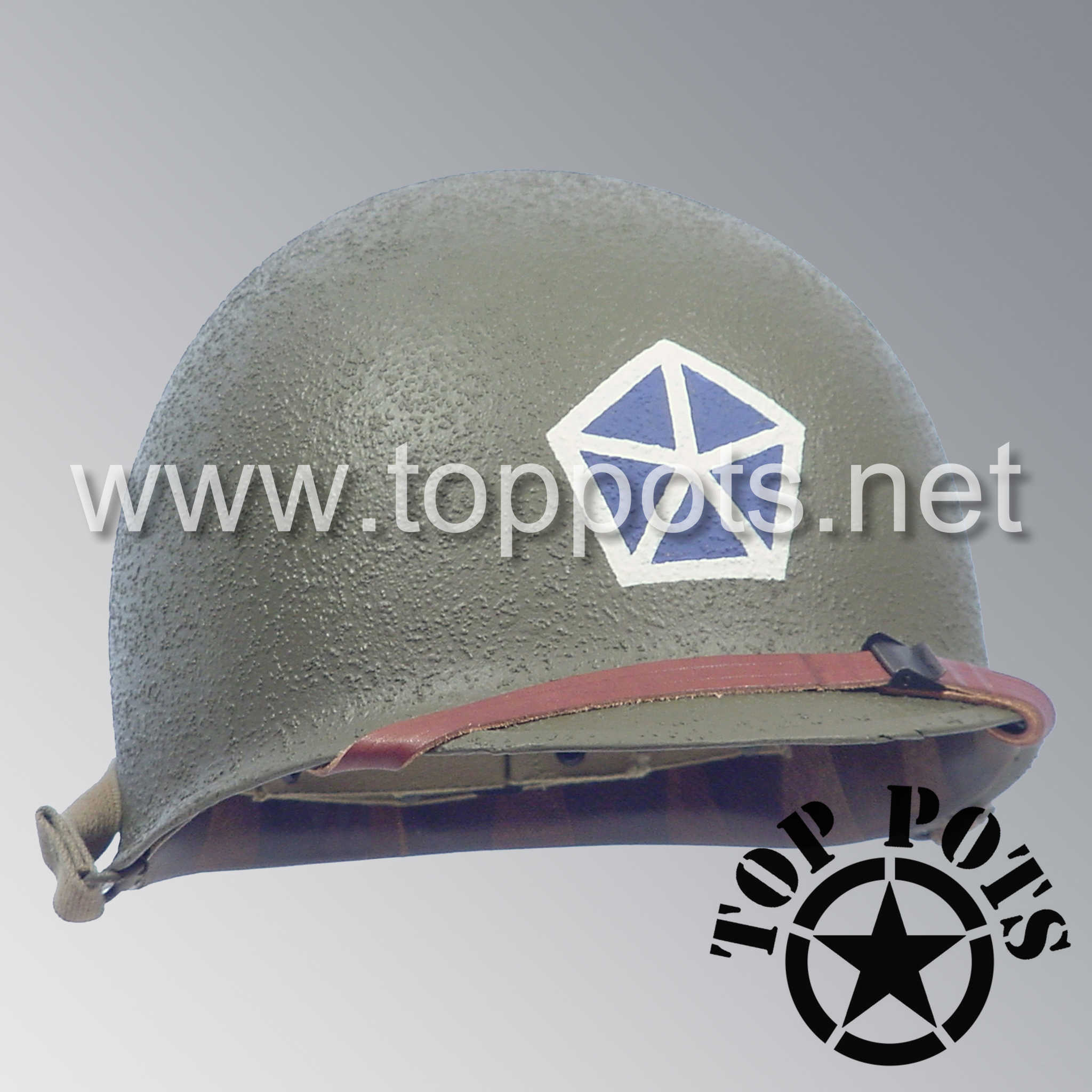 WWII US Army Restored Original M1 Infantry Helmet Swivel Bale Shell and Liner with Fifth V Corps Emblem