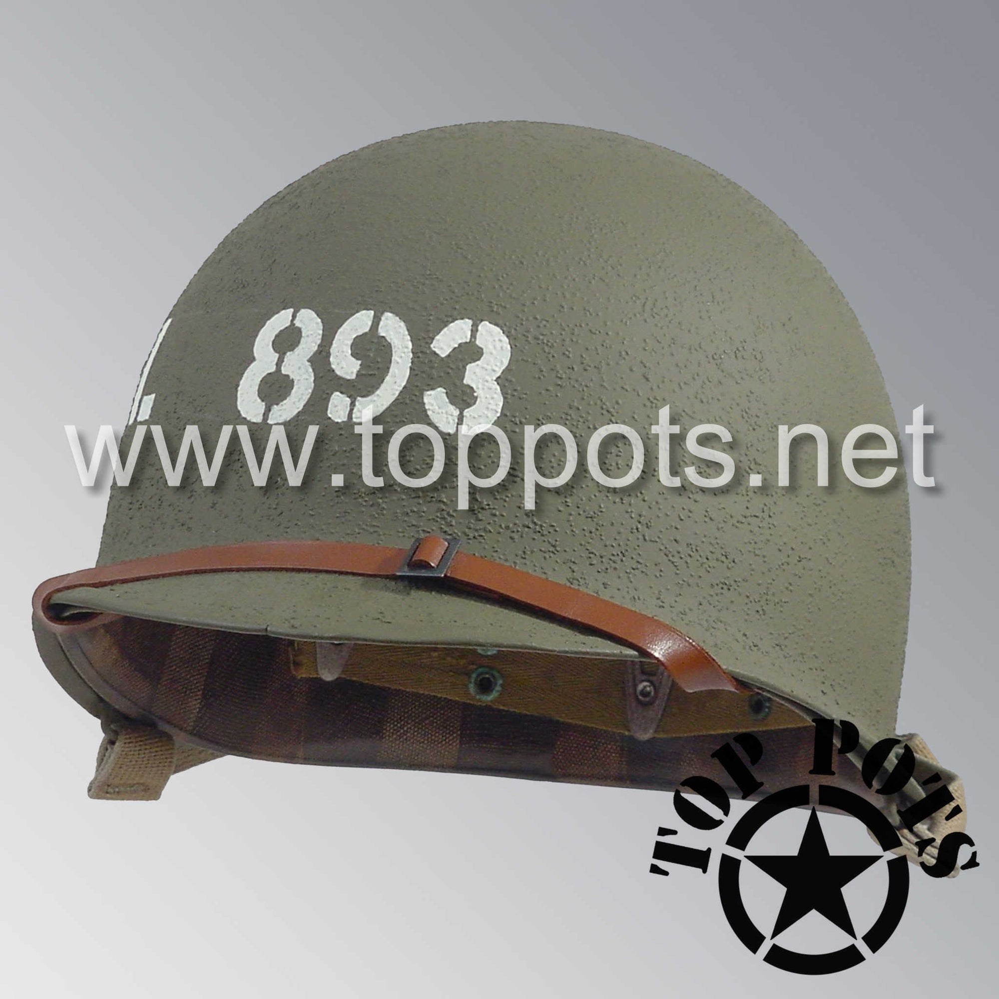 WWII US Army Restored Original M1 Infantry Helmet Fix Bale Shell and Liner with Logistic Unit Emblem and Early War Leather Chinstrap