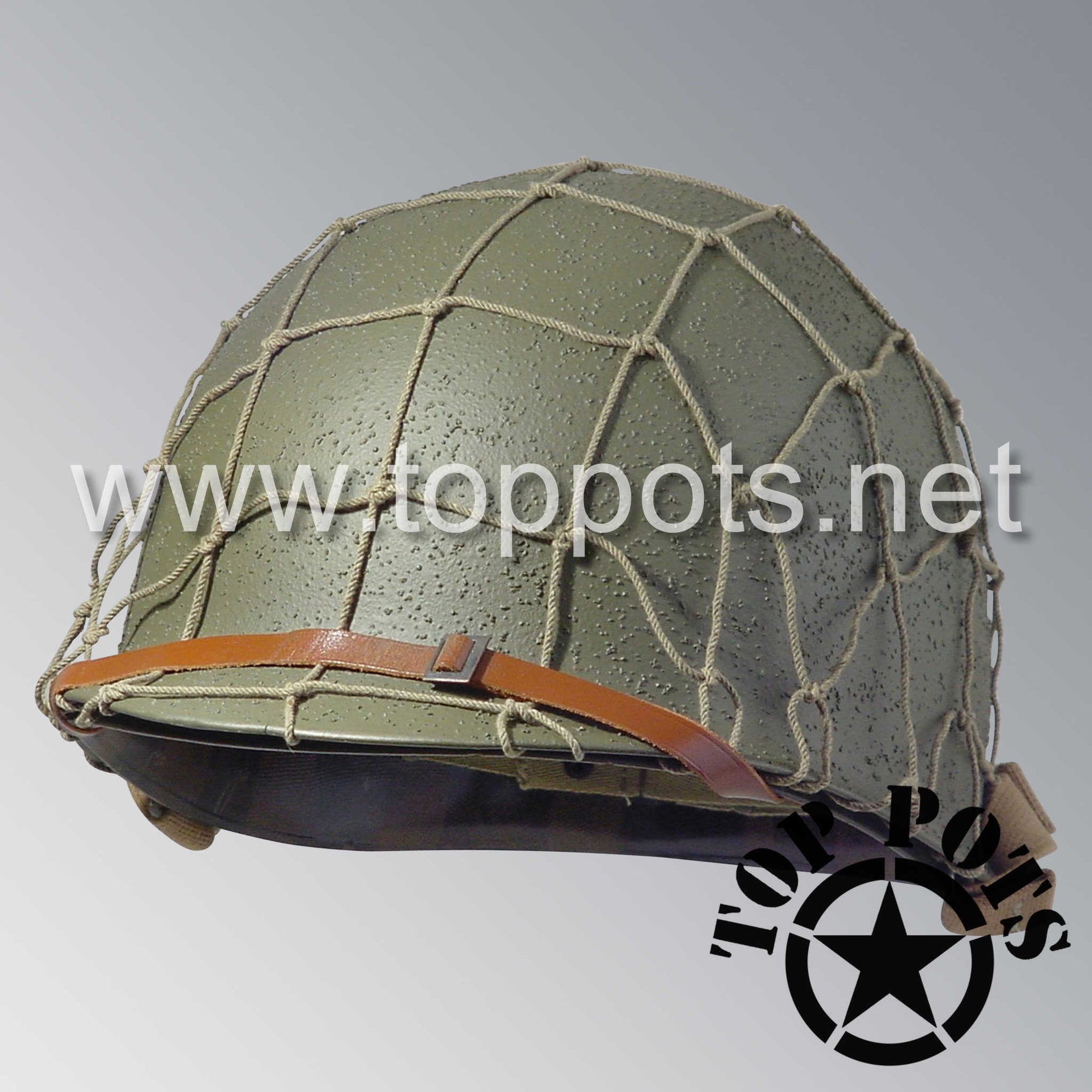 WWII US Army Restored Original M1 Infantry Helmet Fix Bale Shell and Liner with Early War Leather Chinstrap and Large Cargo Net