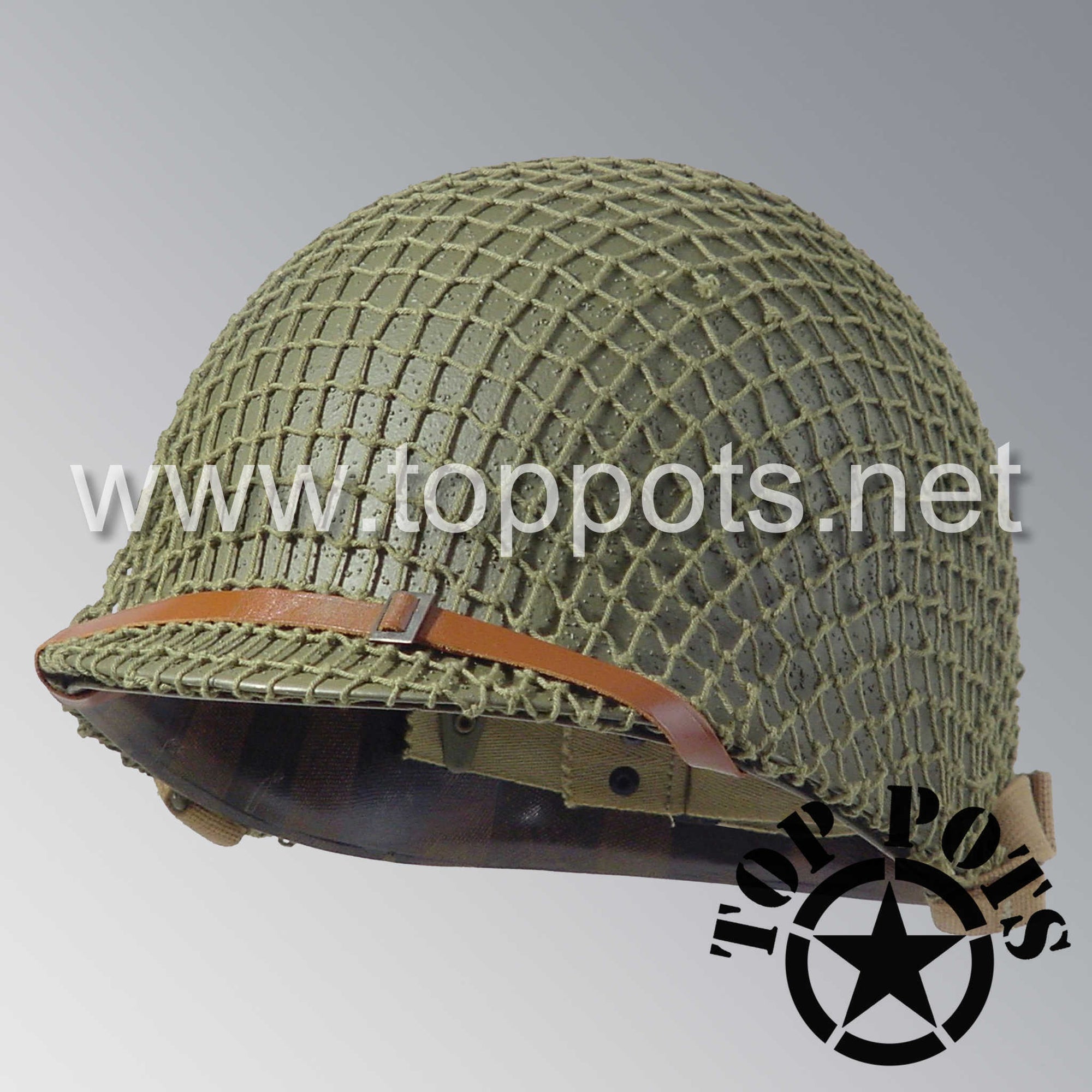 WWII US Army Restored Original M1 Infantry Helmet Fix Bale Shell and Liner with Early War Leather Chinstrap and OD 3 Net
