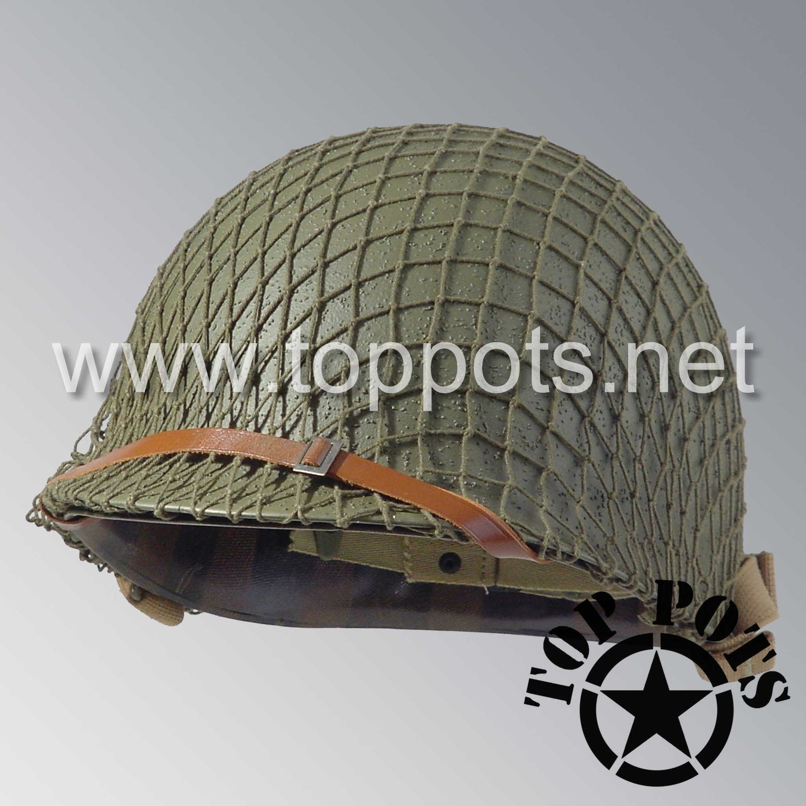 WWII US Army Restored Original M1 Infantry Helmet Fix Bale Shell and Liner with Early War Leather Chinstrap and OD 7 Net