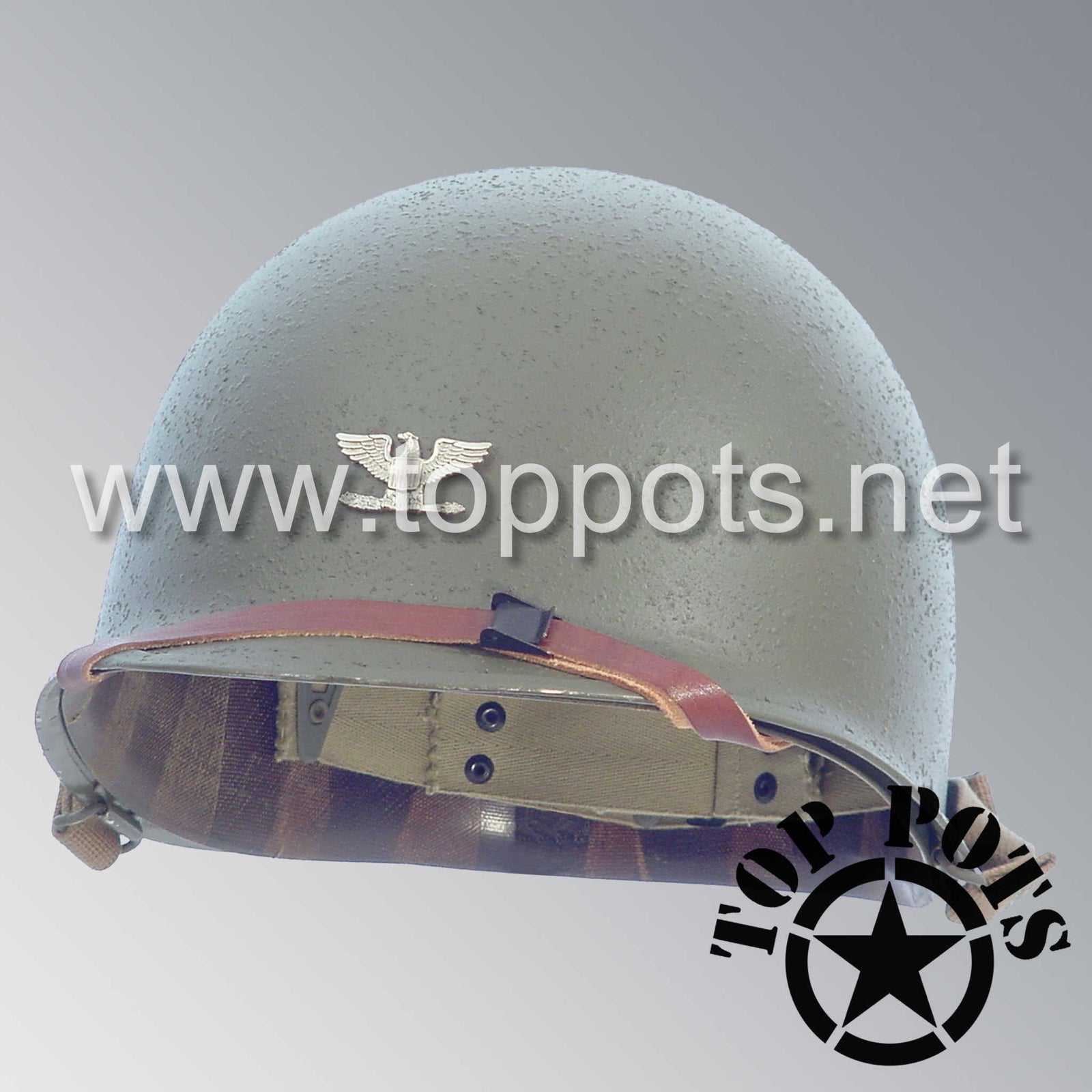 WWII US Army Restored Original M1 Infantry Helmet Swivel Bale Shell and Liner with Metal Colonel Officer Emblem