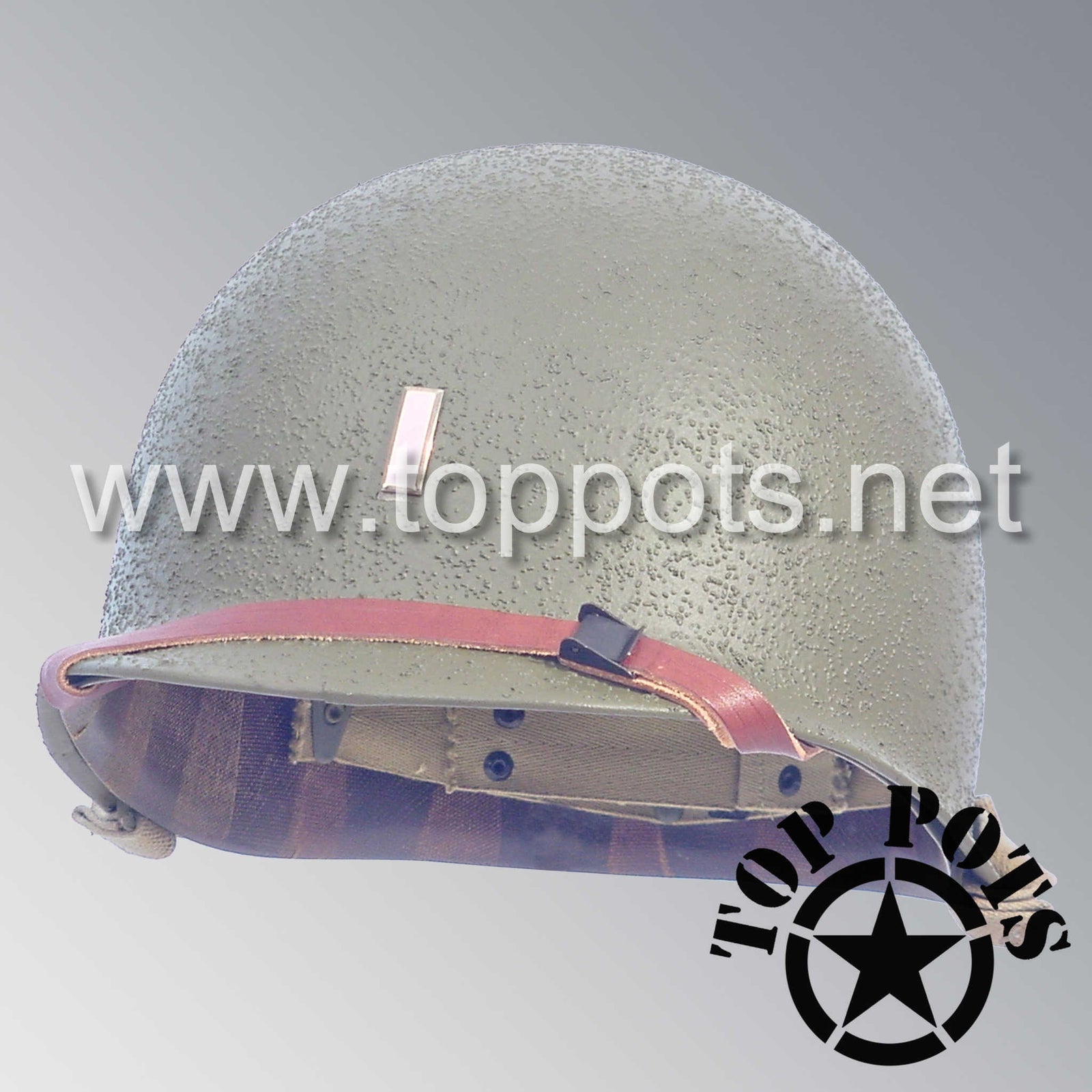 WWII US Army Restored Original M1 Infantry Helmet Swivel Bale Shell and Liner with Metal Lieutenant Officer Emblem