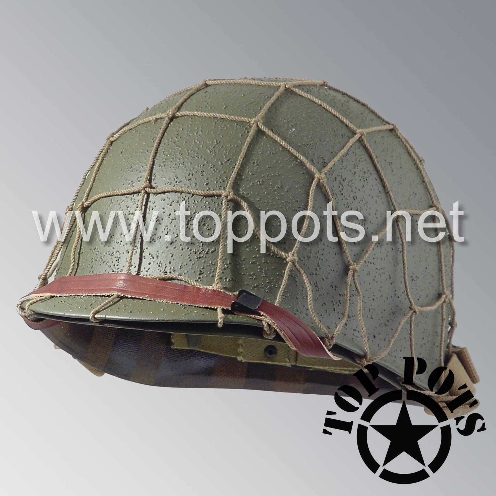 WWII US Army Restored Original M1 Infantry Helmet Swivel Bale Shell and Liner with Large Cargo Net