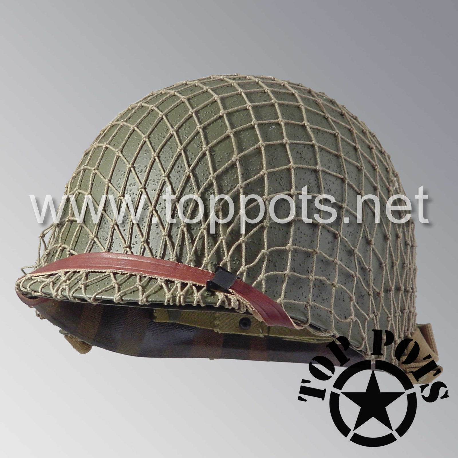 WWII US Army Restored Original M1 Infantry Helmet Swivel Bale Shell and Liner with Khaki Net