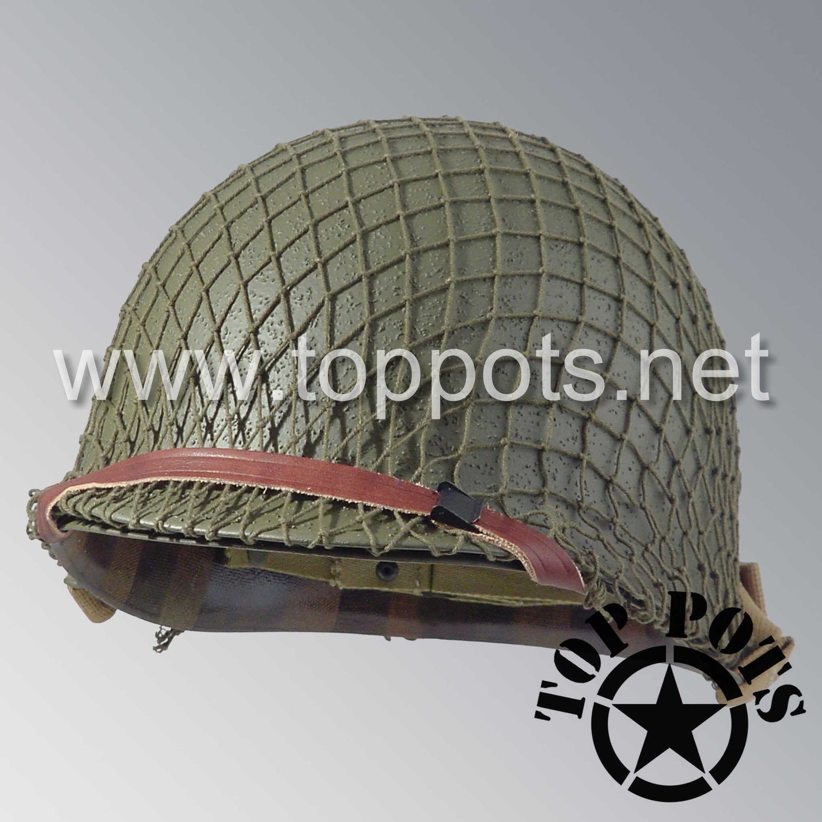 WWII US Army Restored Original M1 Infantry Helmet Swivel Bale Shell and Liner with OD 7 Net