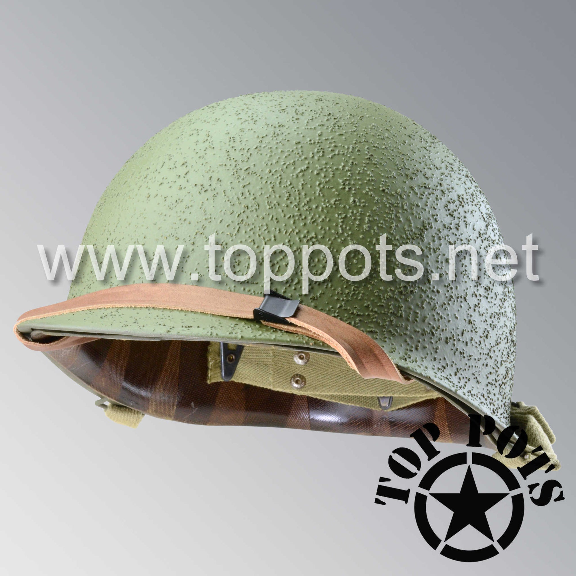 WWII US Army Restored Original M1 Infantry Helmet Swivel Bale Shell and Liner with Late War Paint Finish