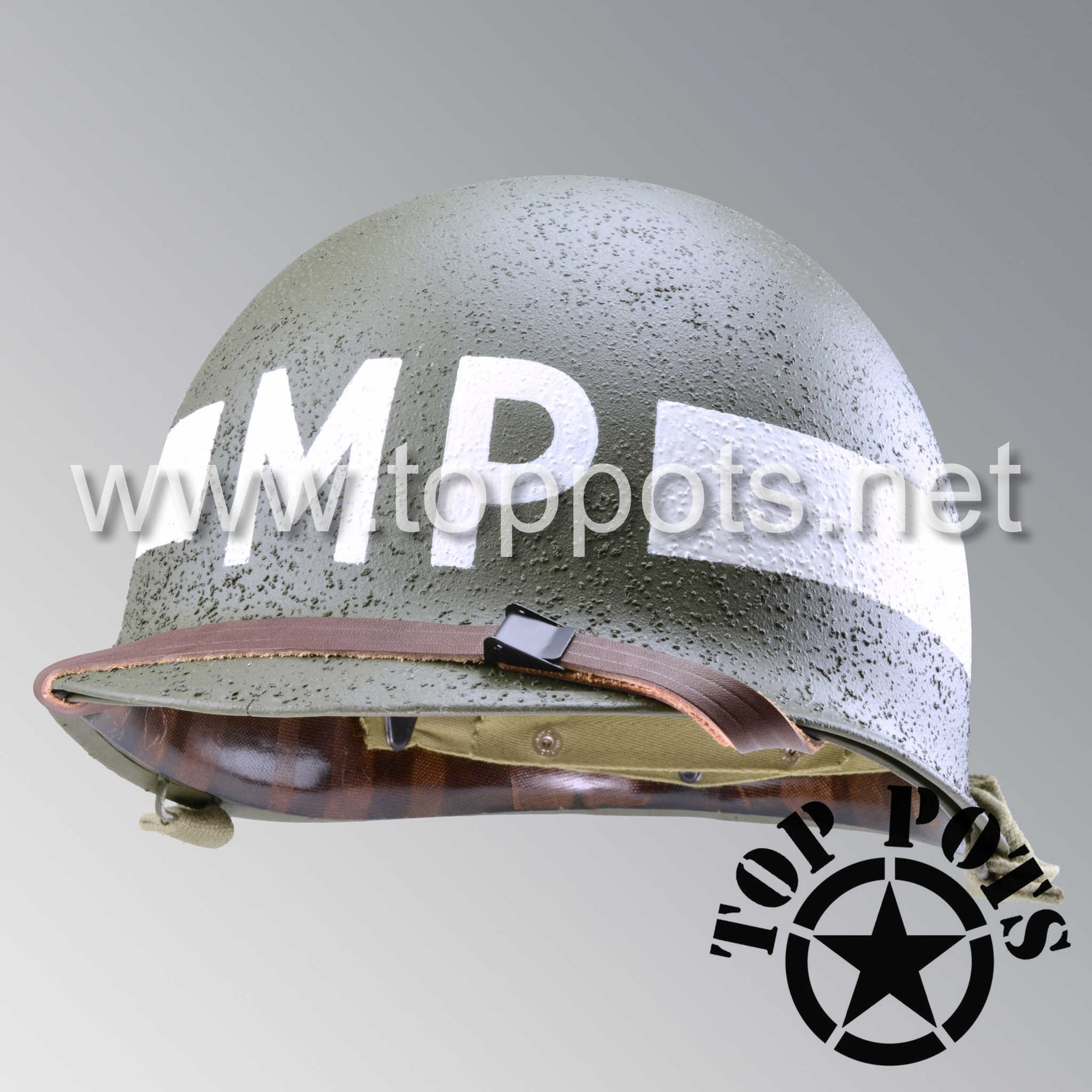 WWII US Army Restored Original M1 Infantry Helmet Swivel Bale Shell and Liner with White Battalion MP Military Police Emblem