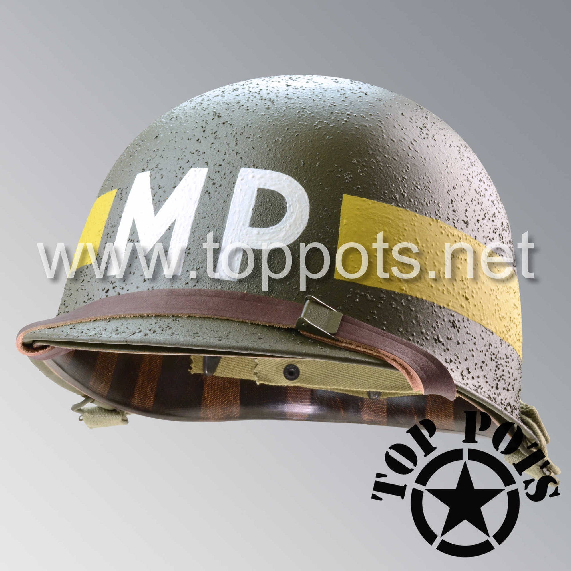 WWII US Army Restored Original M1 Infantry Helmet Swivel Bale Shell and Liner with Yellow Divisional MP Military Police Emblem