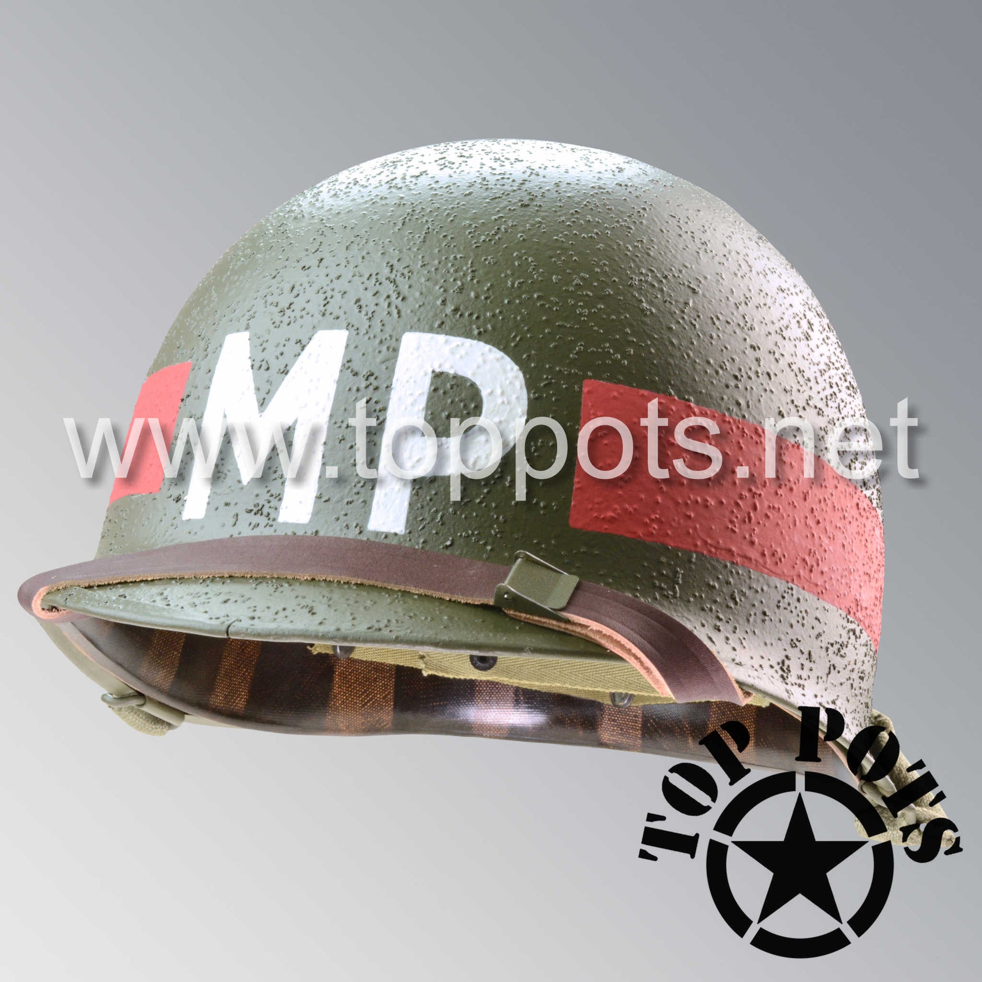 WWII US Army Restored Original M1 Infantry Helmet Swivel Bale Shell and Liner with Red Headquarter HQ MP Military Police Emblem