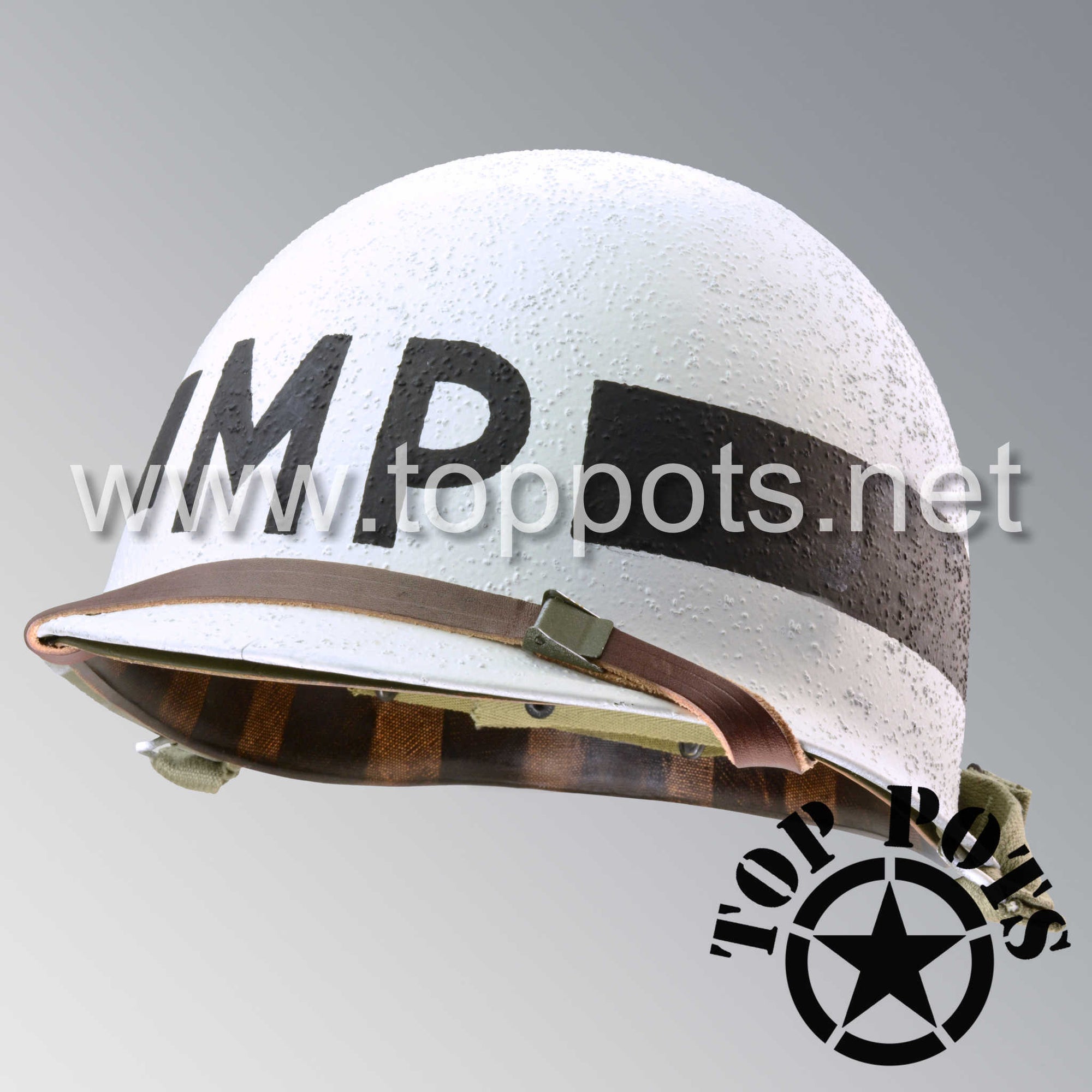 WWII US Army Restored Original M1 Infantry Helmet Swivel Bale Shell and Liner with White MP Military Police Emblem