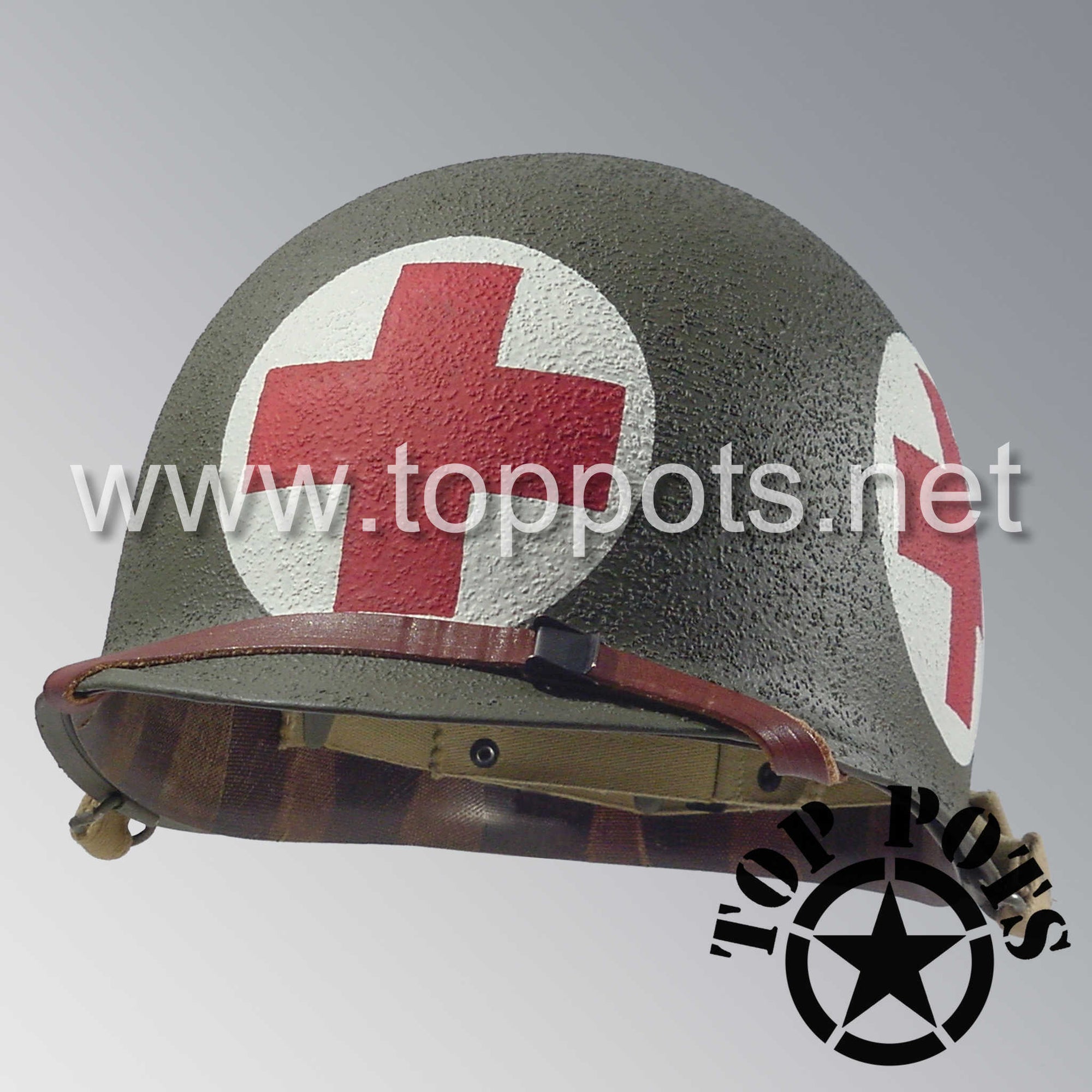 WWII US Army Restored Original M1 Infantry Helmet Swivel Bale Shell and Liner with Four Panel Medic Emblem