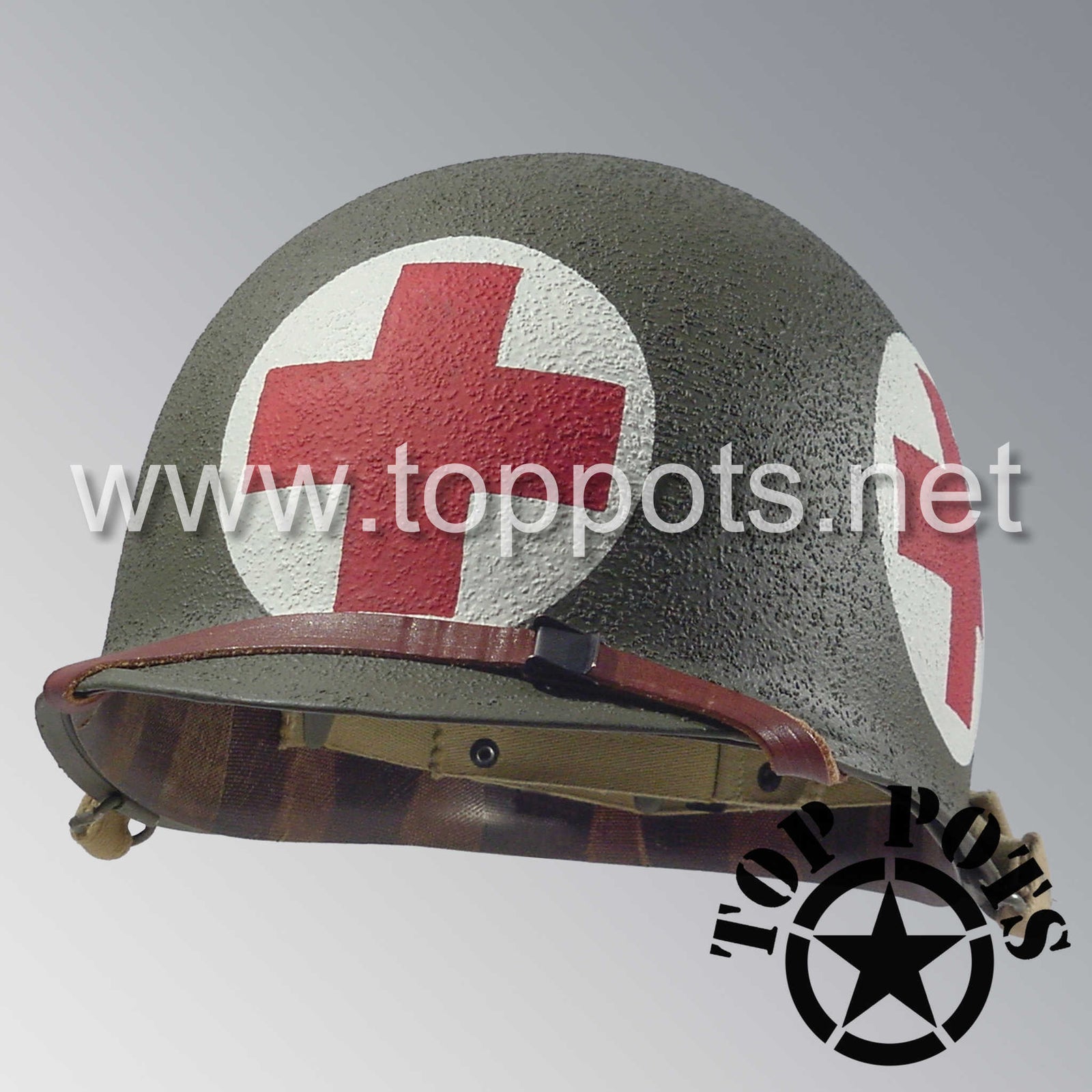 WWII US Army Restored Original M1 Infantry Helmet Swivel Bale Shell and Liner with Four Panel Medic Emblem - MASH Film TV Series