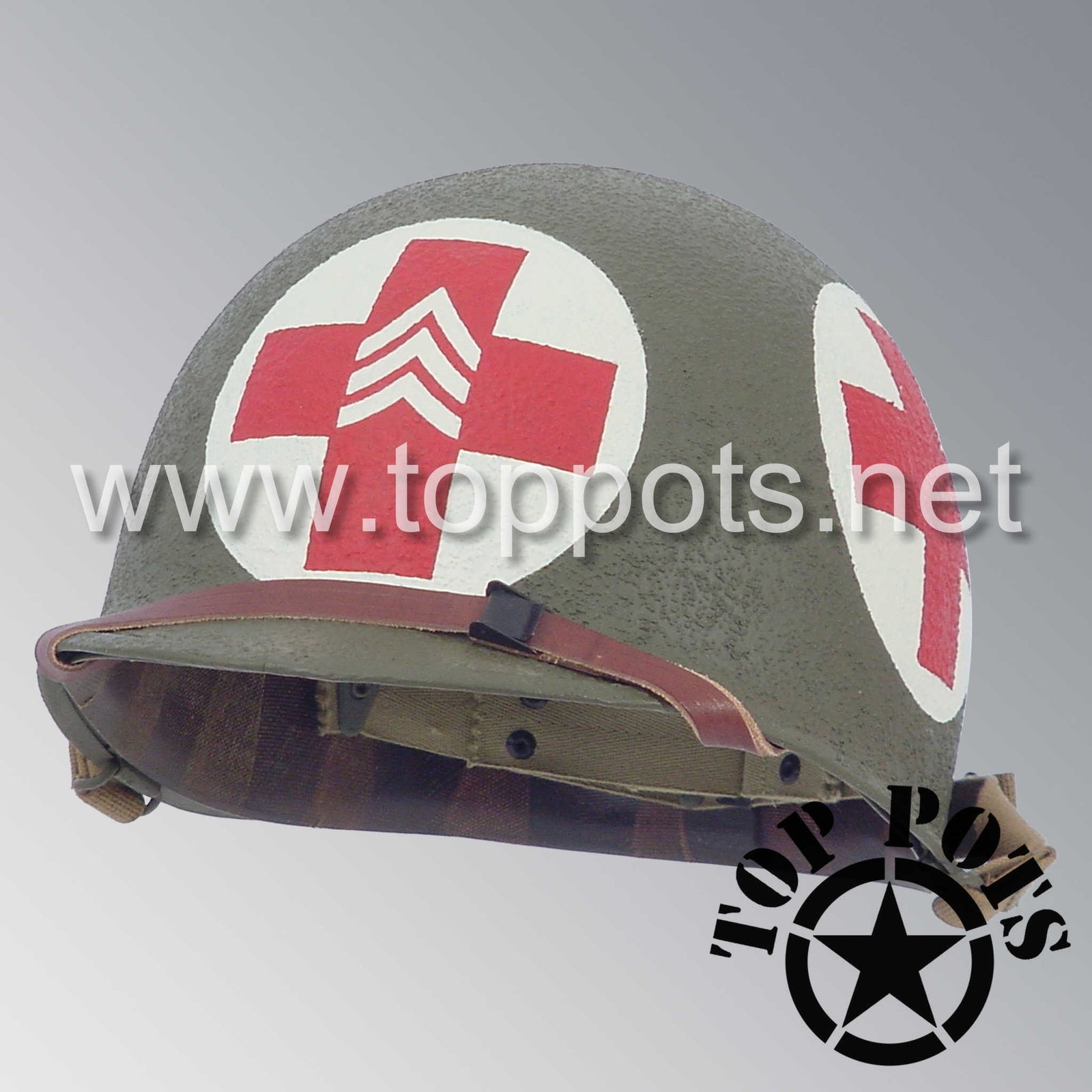 WWII US Army Restored Original M1 Infantry Helmet Swivel Bale Shell and Liner with Four Panel Medic NCO Emblem