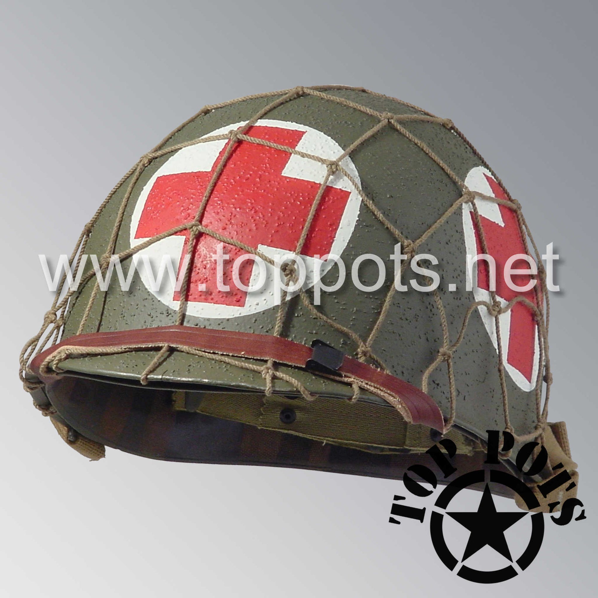 WWII US Army Restored Original M1 Infantry Helmet Swivel Bale Shell and Liner with Four Panel Medic Emblem with Large Cargo Net
