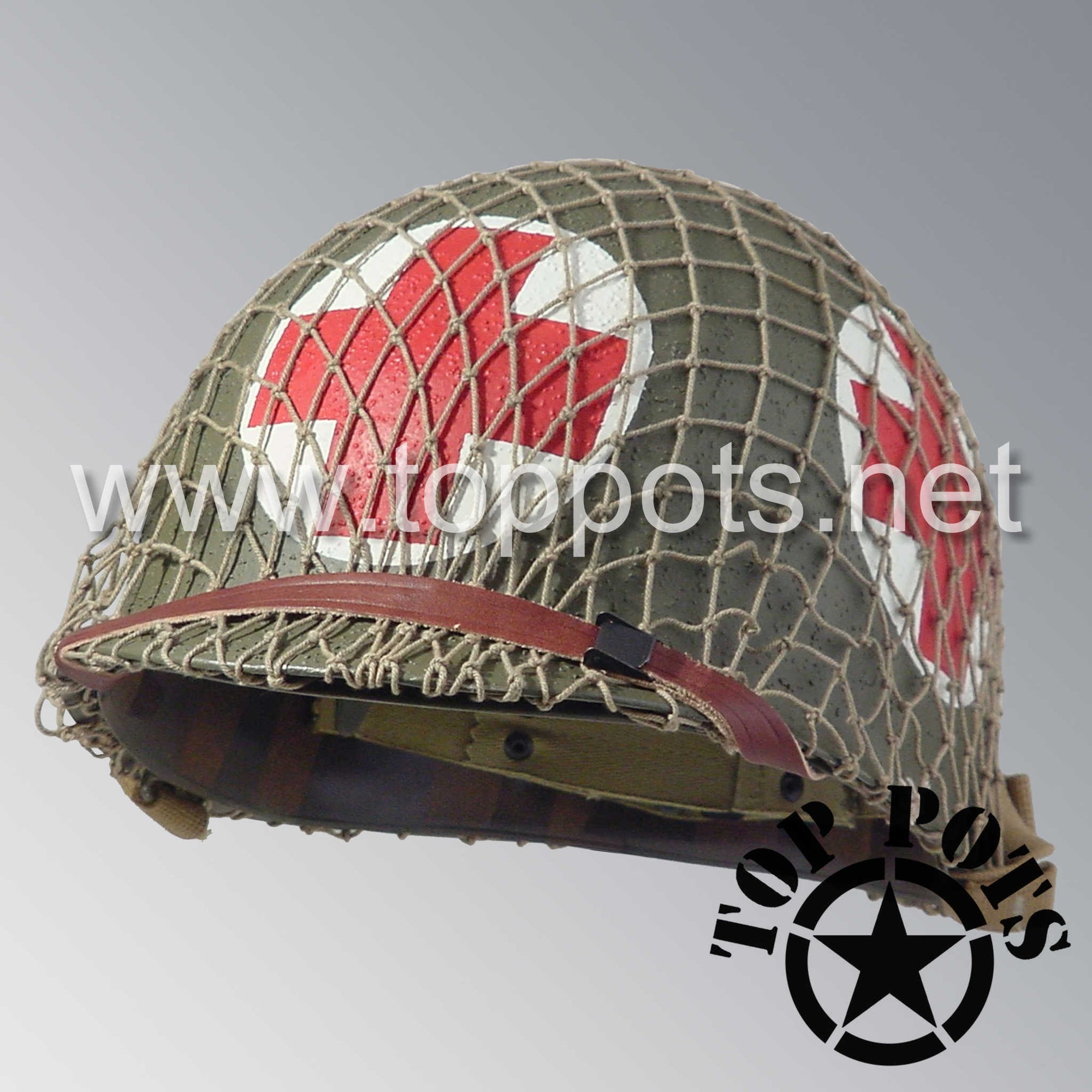 WWII US Army Restored Original M1 Infantry Helmet Swivel Bale Shell and Liner with Four Panel Medic Emblem and Khaki Net