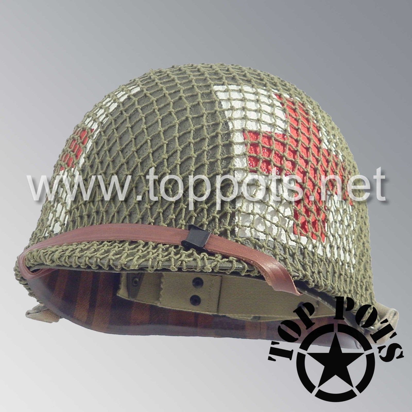 WWII US Army Restored Original M1 Infantry Helmet Swivel Bale Shell and Liner with Three Panel Square Medic Emblem with Net