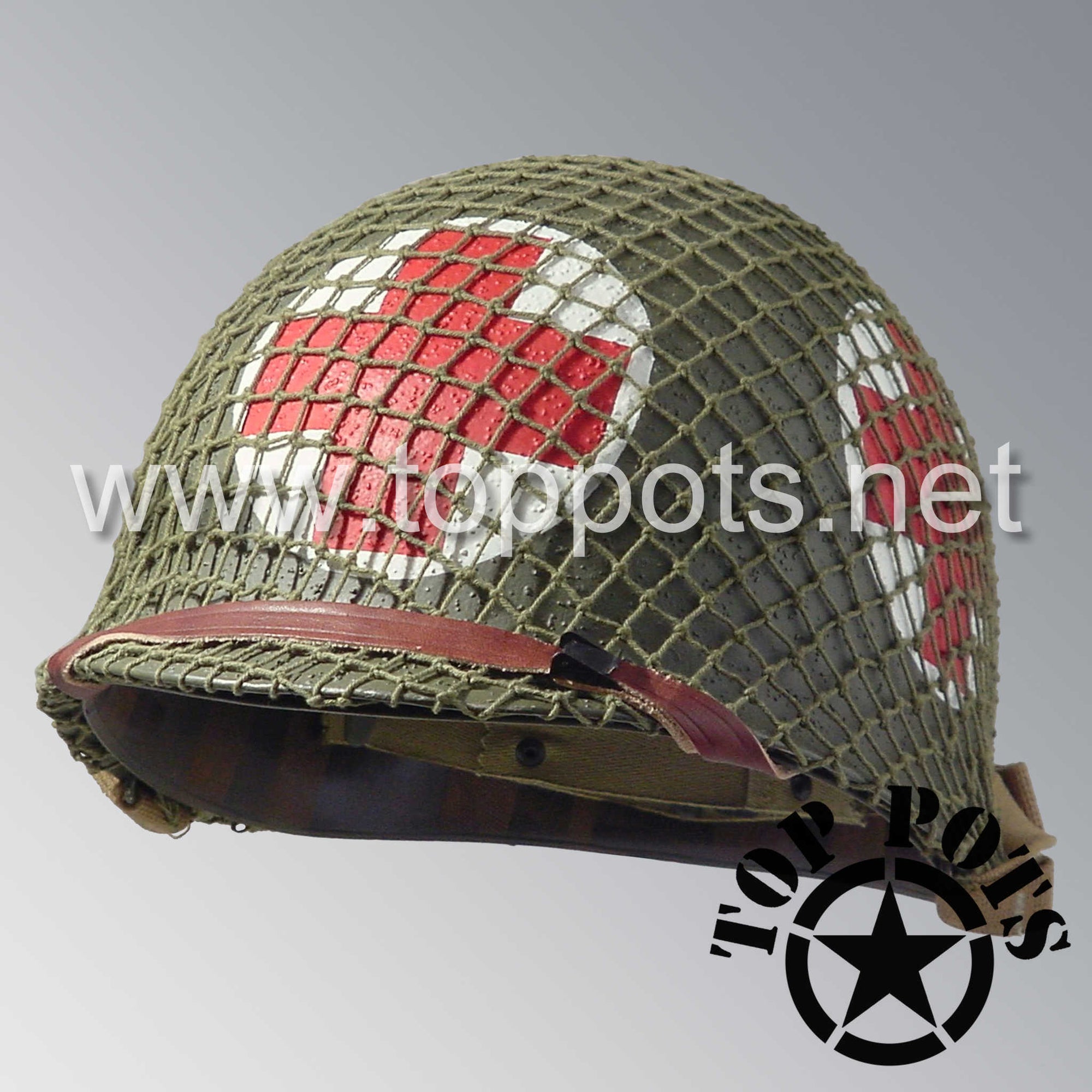 WWII US Army Restored Original M1 Infantry Helmet Swivel Bale Shell and Liner with Four Panel Medic Emblem with OD 3 Net