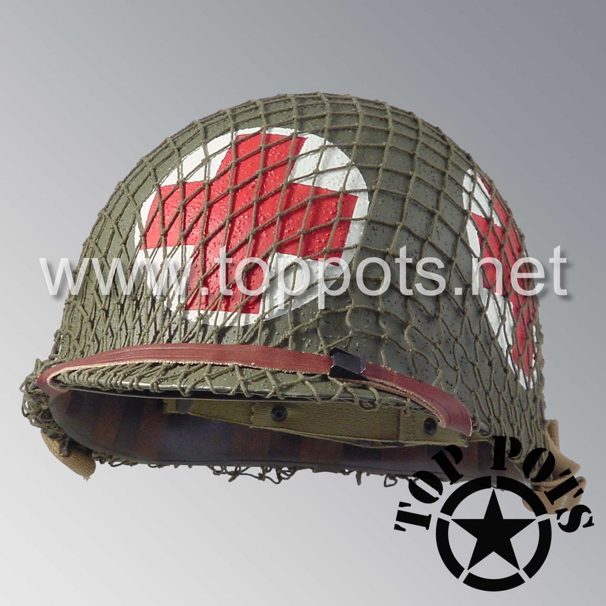 WWII US Army Restored Original M1 Infantry Helmet Swivel Bale Shell and Liner with Four Panel Medic Emblem with OD 7 Net