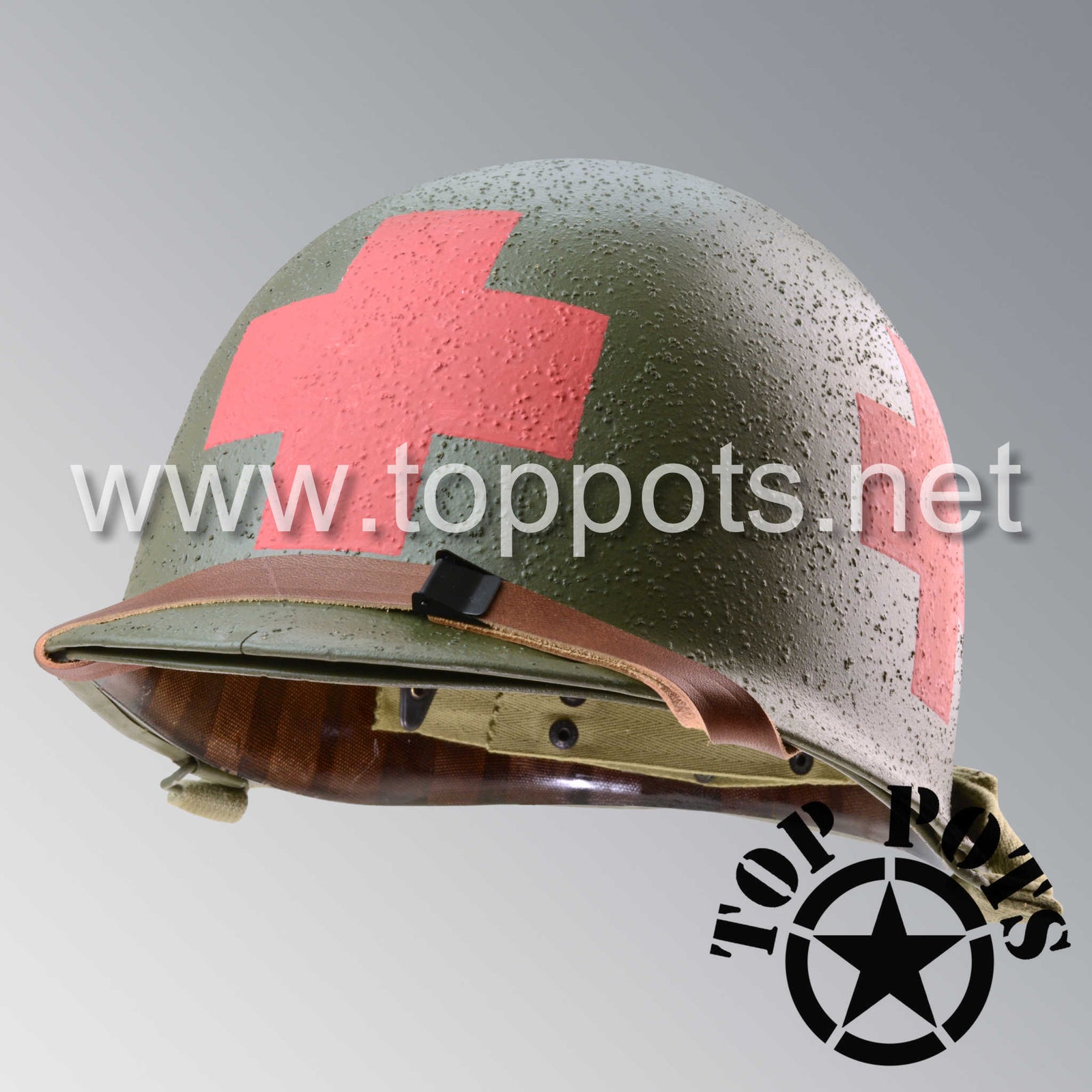 WWII US Army Restored Original M1 Infantry Helmet Swivel Bale Shell and Liner with Pacific Theater Medic Emblem