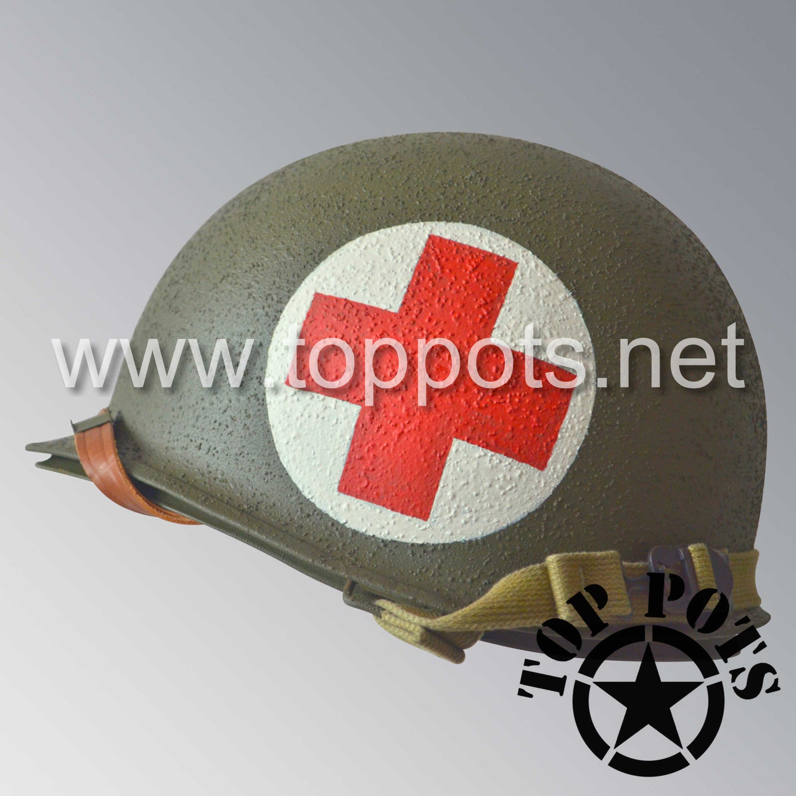 WWII US Army Restored Original M1 Infantry Helmet Swivel Bale Shell and Liner with Two Panel Medic Emblem