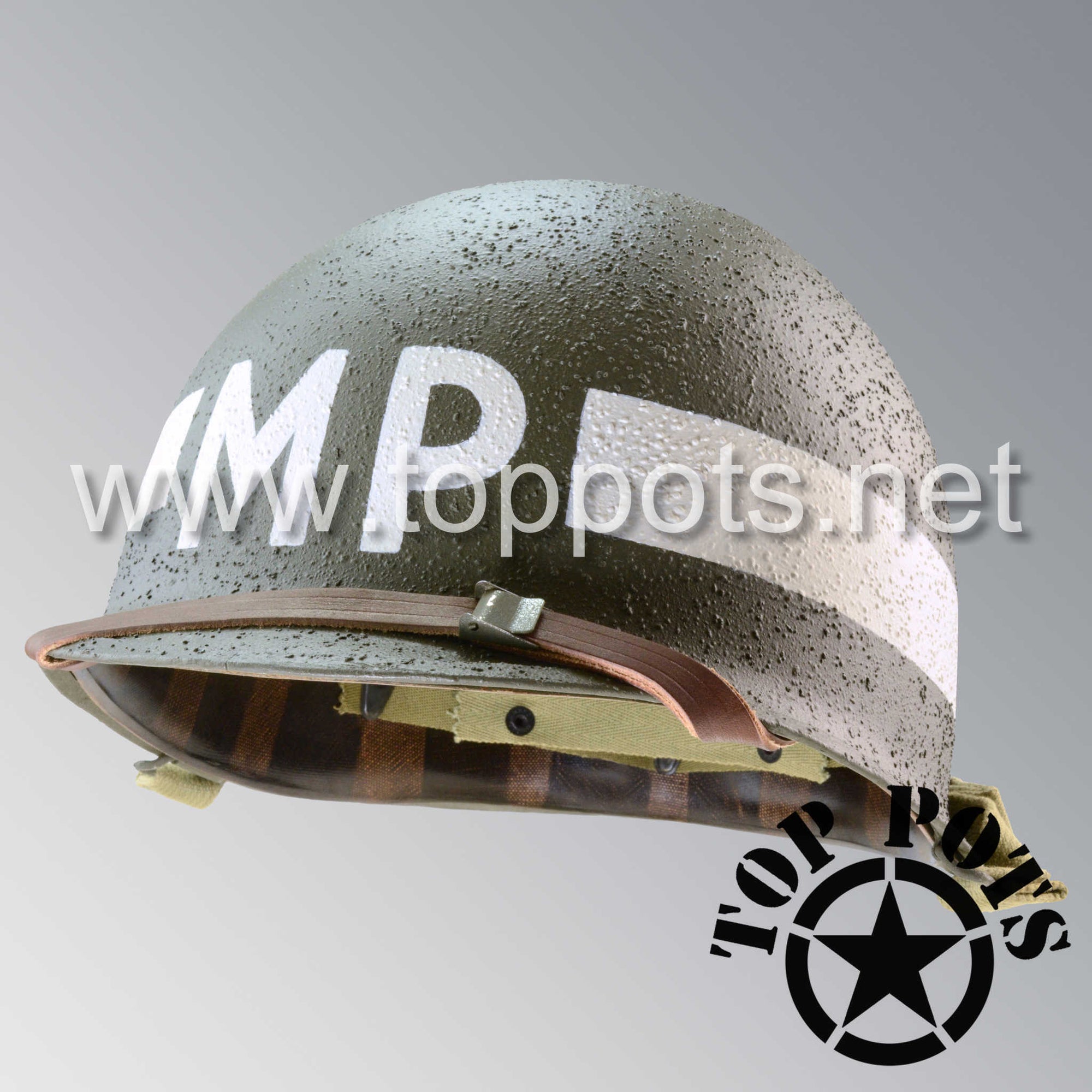 WWII US Army Restored Original M1 Infantry Helmet Swivel Bale Shell and Liner with White Battalion MP Military Police Emblem -Schlueter Shell