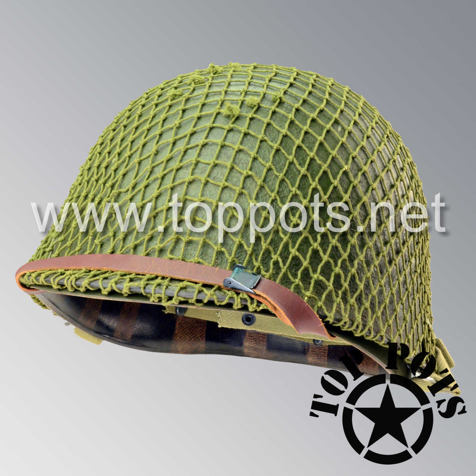 WWII US Army Aged Original M1 Infantry Helmet Swivel Bale Shell and Liner with Late War Paint and Net