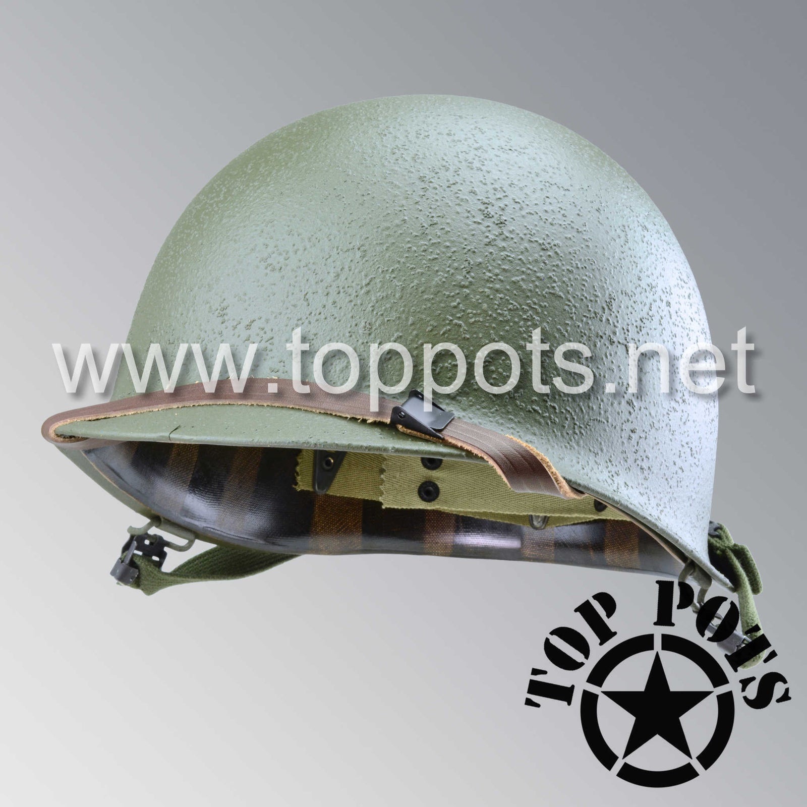 WWII US Army Restored Original M1 Infantry Helmet Swivel Bale Shell and Liner with Late War T1 Chinstraps