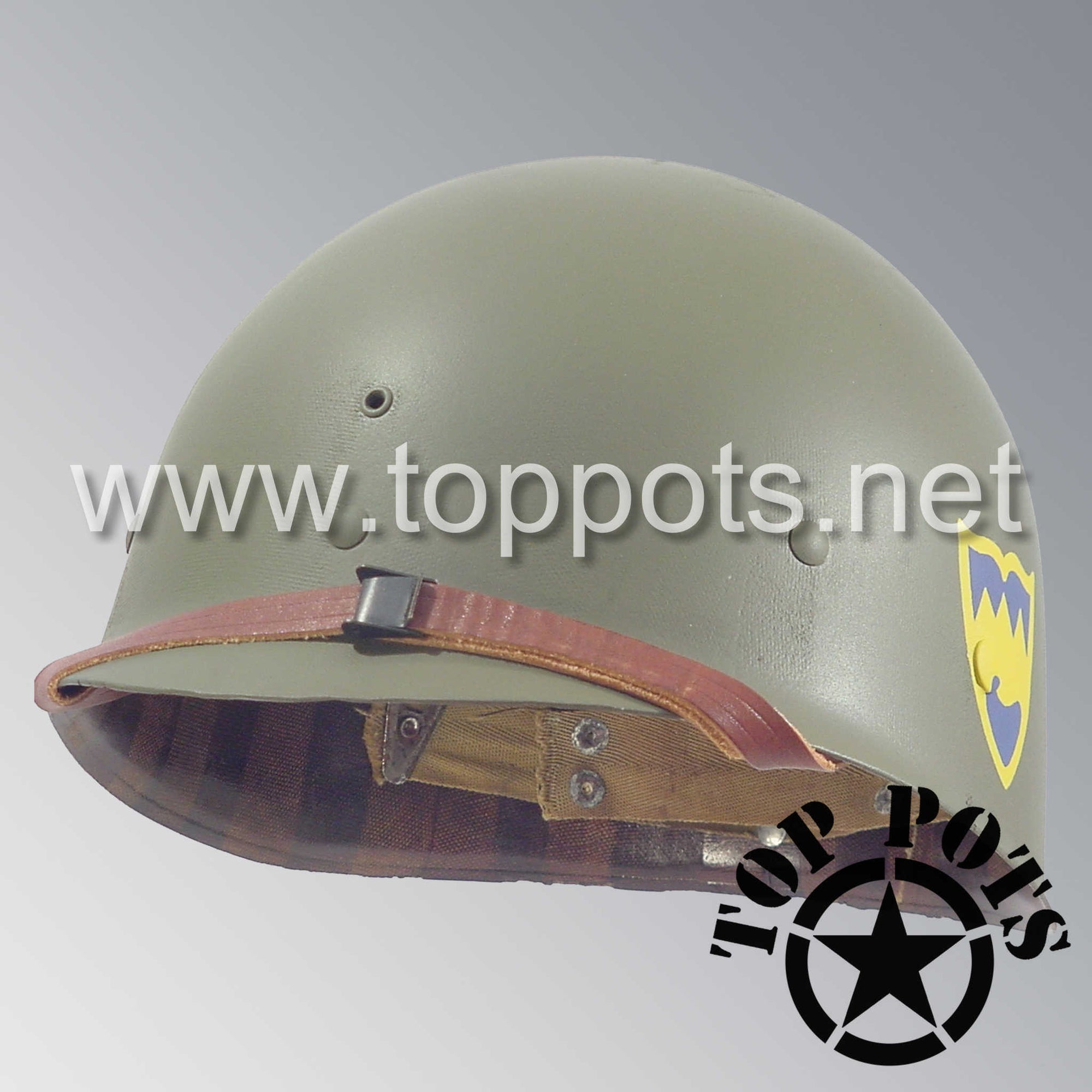 WWII US Army Restored Original M1 Infantry Helmet Liner with 104th Infantry Division 415th Regiment Emblem