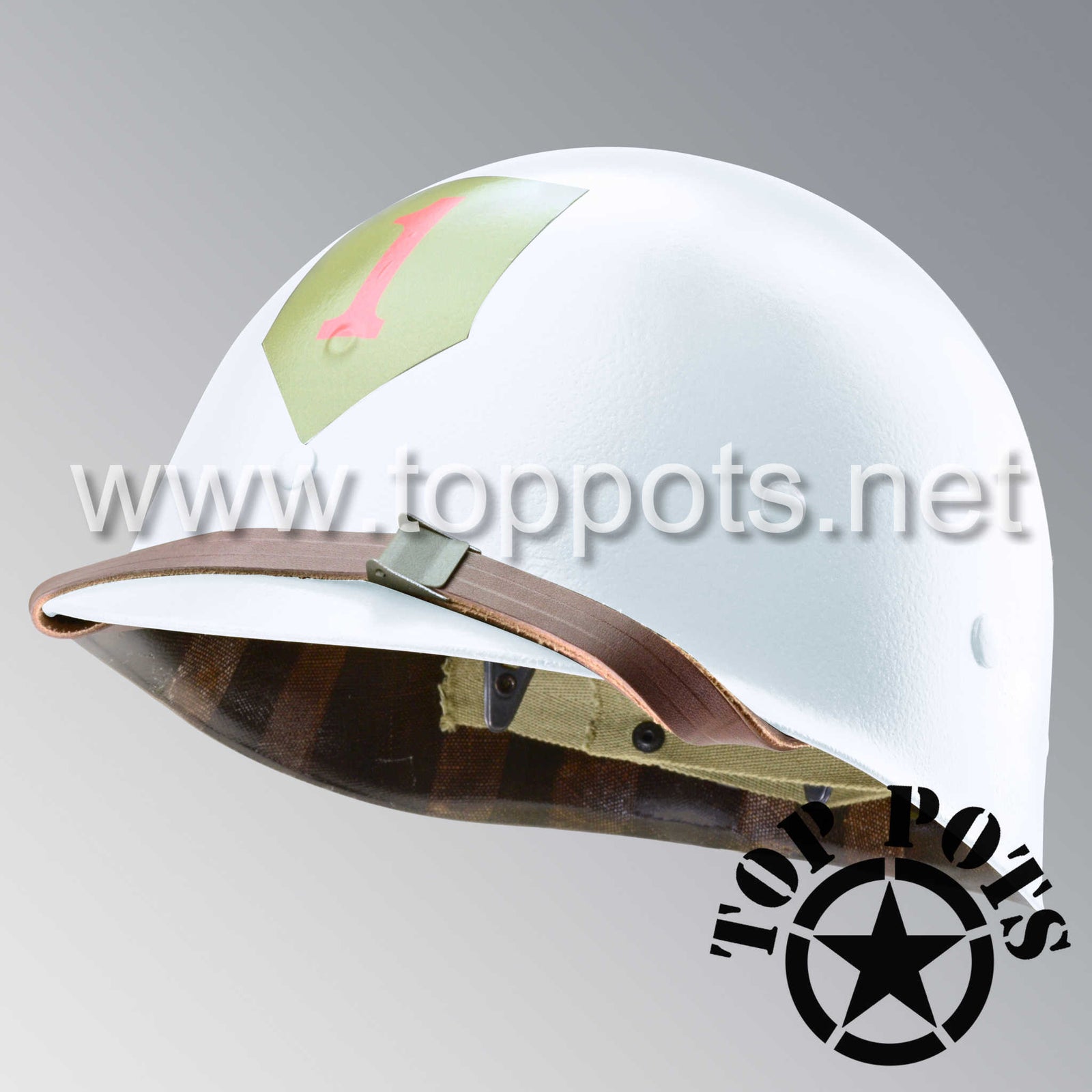 WWII US Army Restored Original M1 Infantry Helmet Liner with 1st Infantry Division Emblem - White