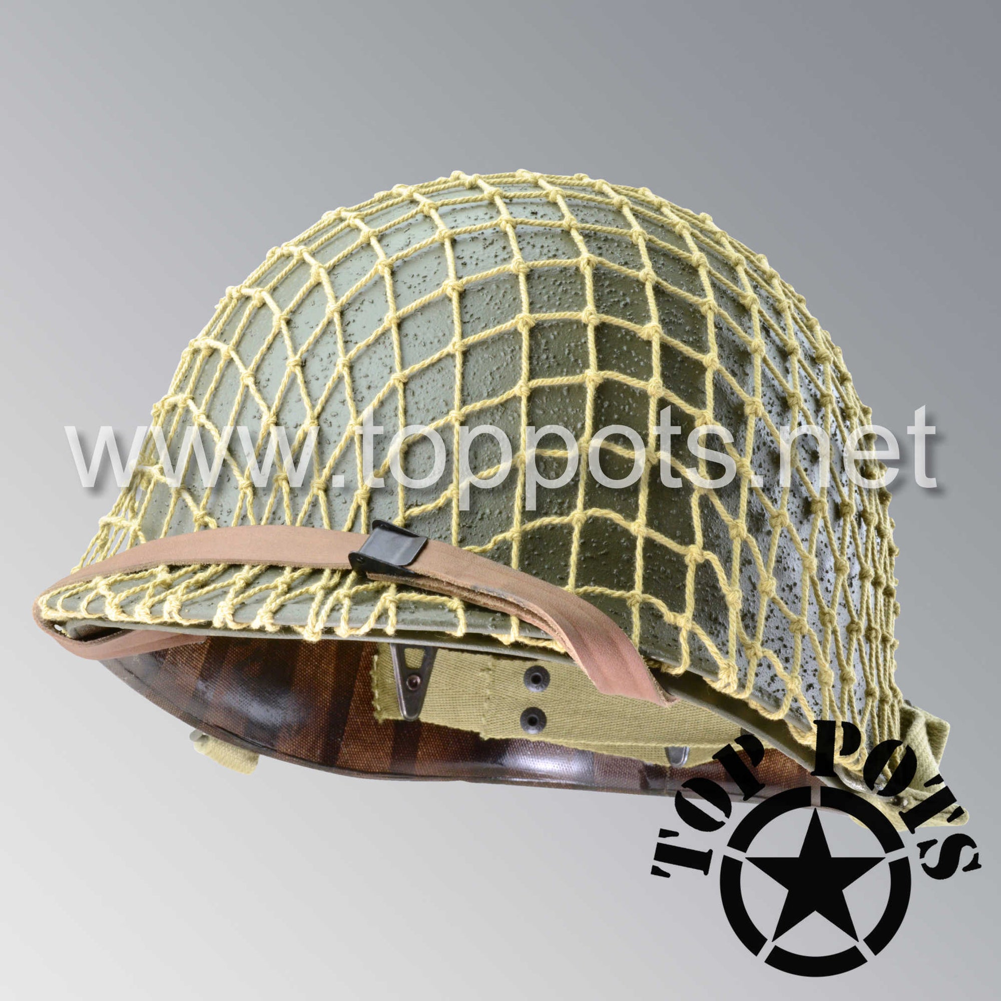 WWII US Army Restored Original M1 Infantry Helmet Swivel Bale McCord Shell and Liner with Khaki Net