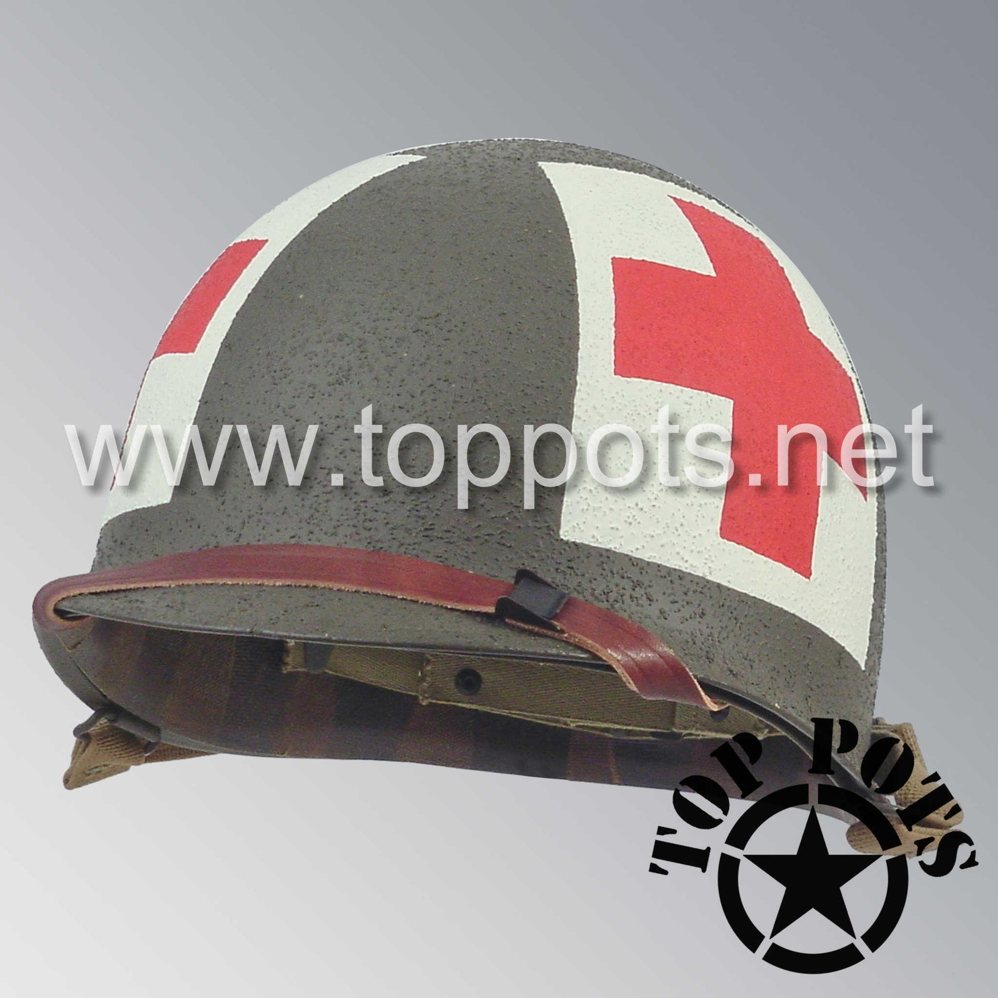 WWII US Army Restored Original M1 Infantry Helmet Swivel Bale Shell and Liner with Three Panel Square Medic Emblem