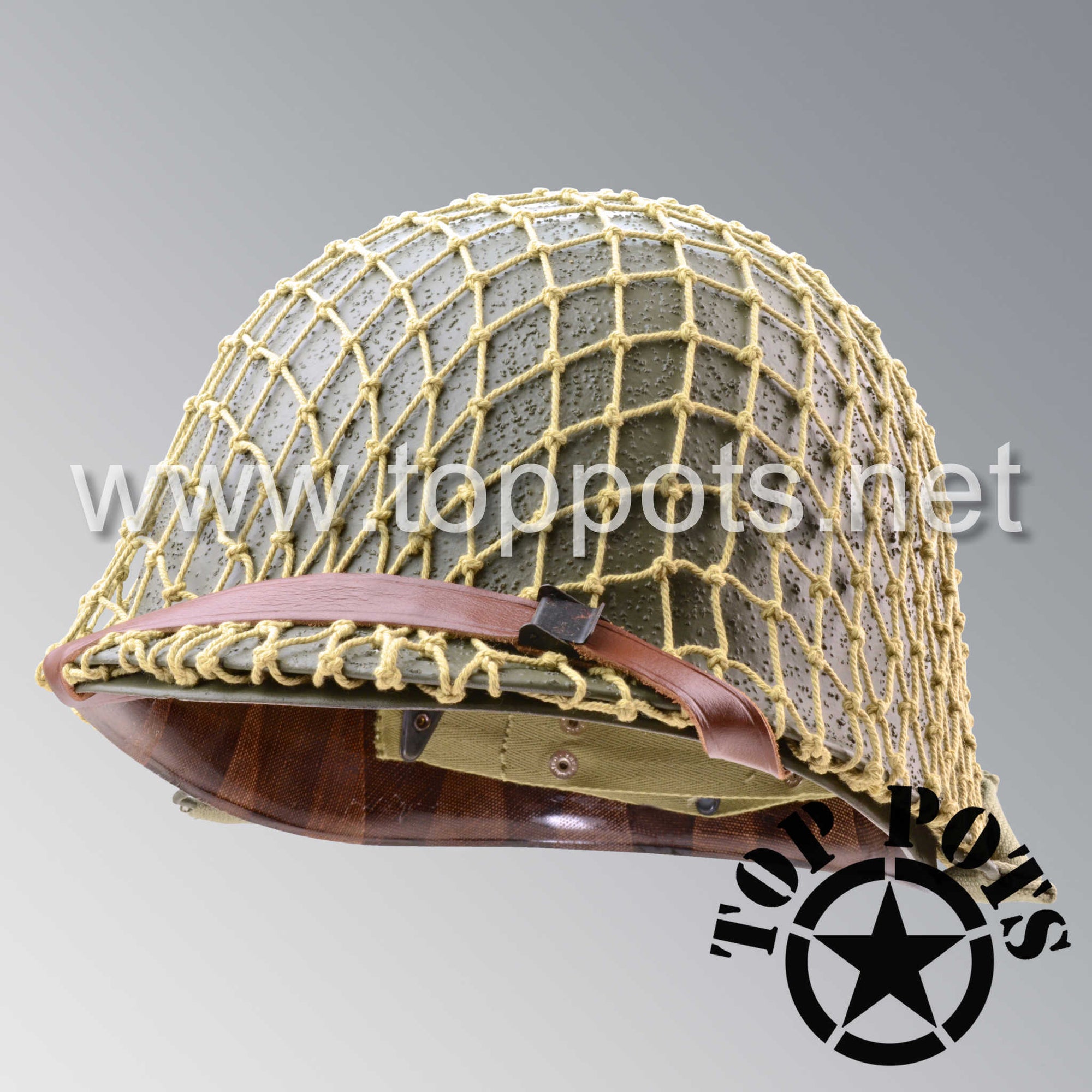 WWII US Army Restored Original M1 Infantry Helmet Swivel Bale Schlueter Shell and Liner with Khaki Net