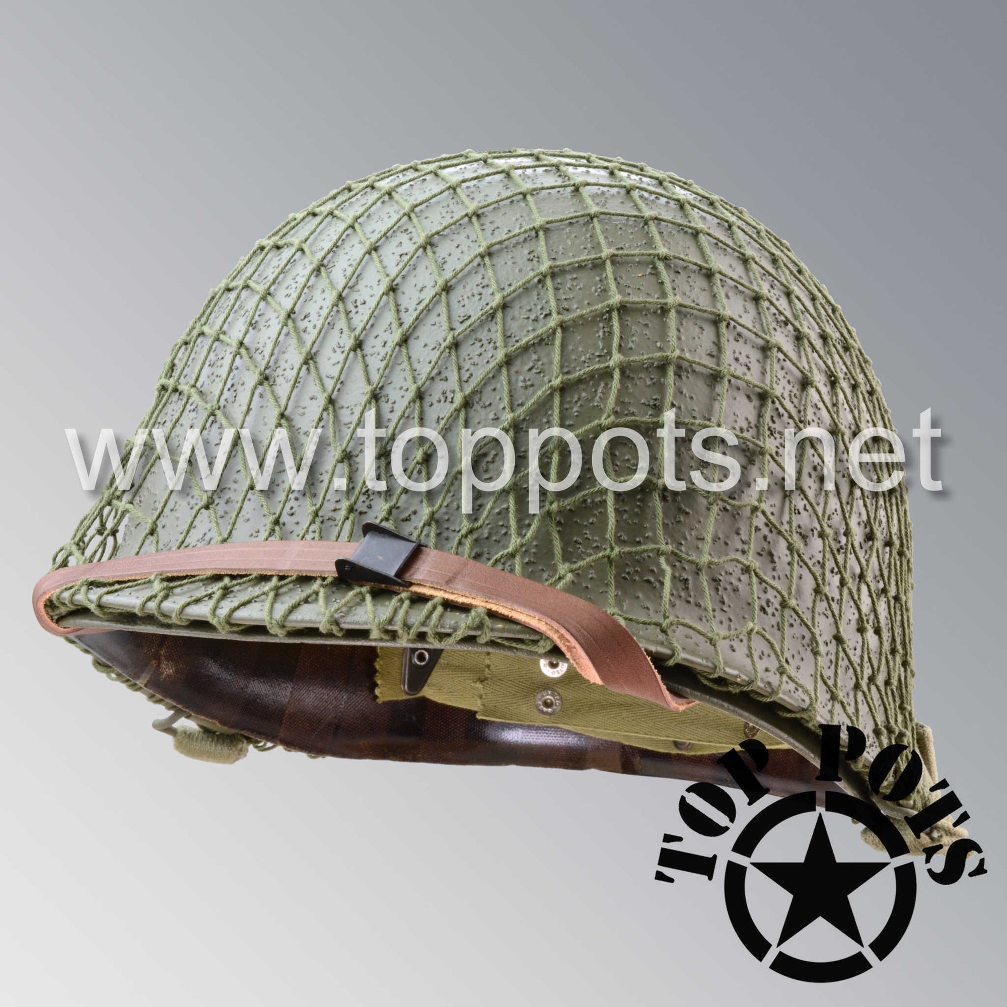 WWII US Army Restored Original M1 Infantry Helmet Swivel Bale Schlueter Shell and Liner with Olive Drab Net