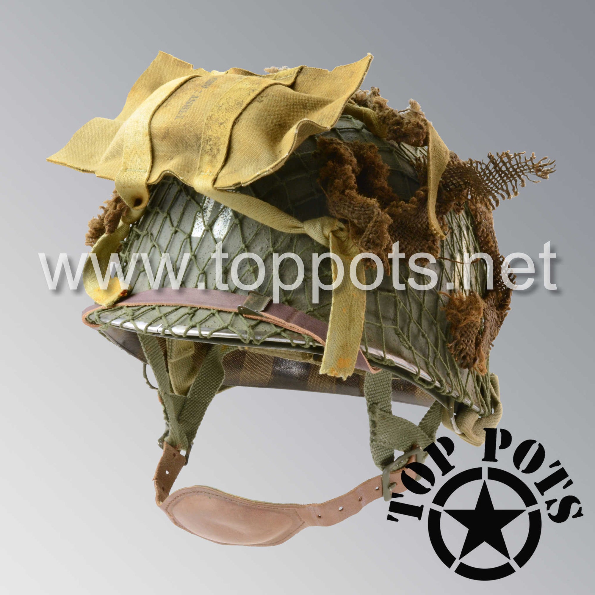 WWII US Army Aged Original M1C Paratrooper Airborne Helmet Swivel Bale Shell and Liner with 506th 2nd Battalion PIR Emblem, Net, Medic Pack and Scrim