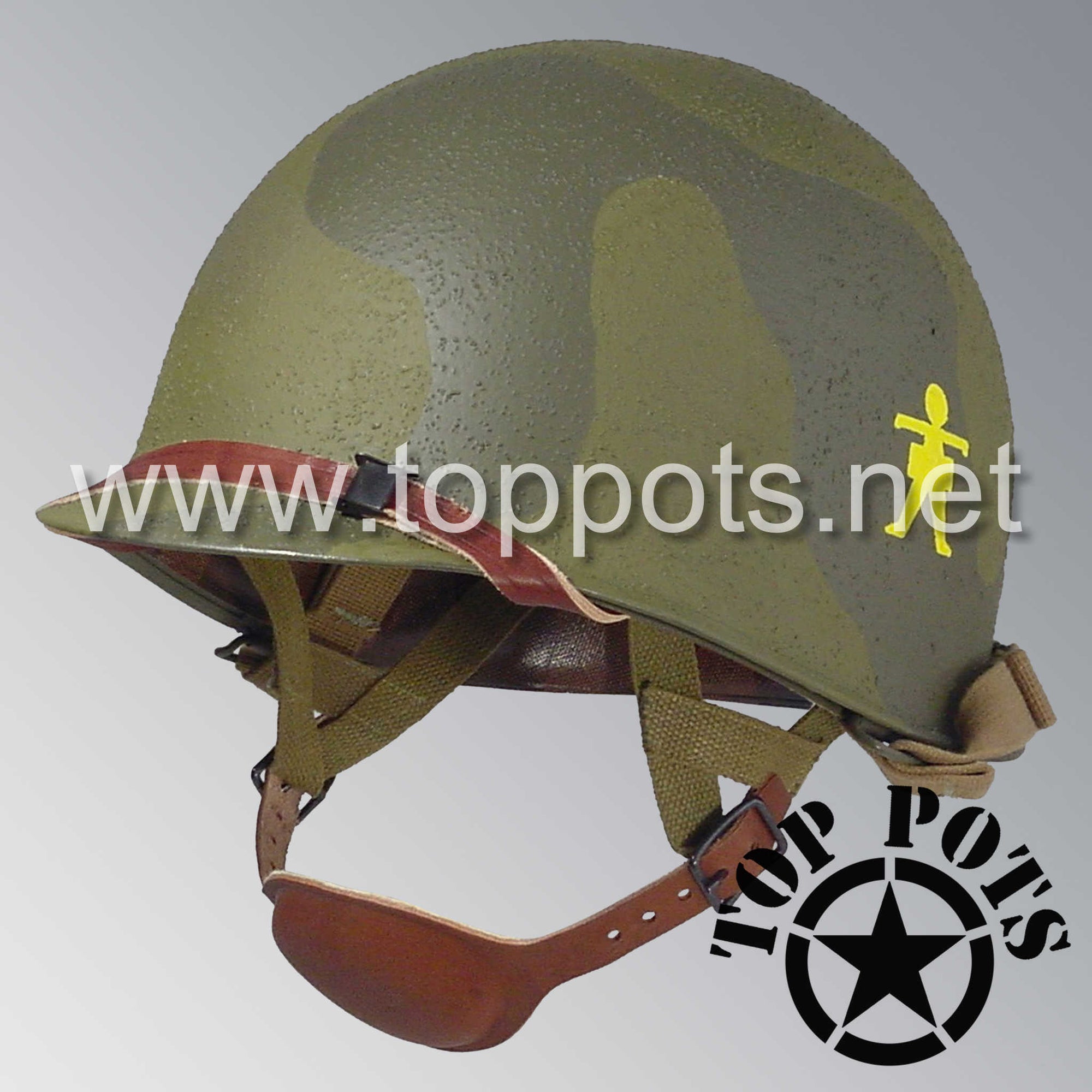 WWII US Army Restored Original M1C Paratrooper Airborne Helmet Swivel Bale Shell and Liner with 509th PIR Pathfinder Camouflage Emblem