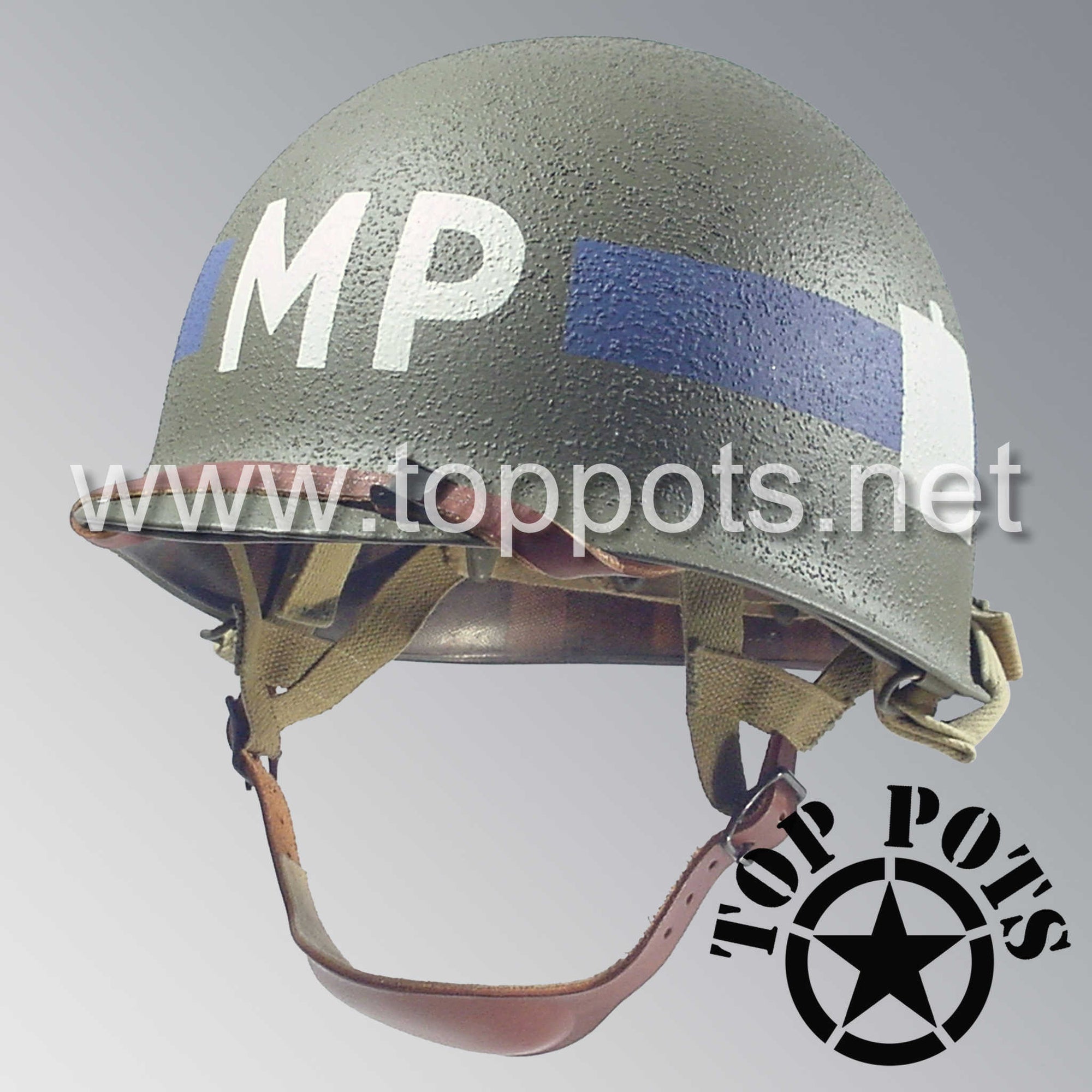 WWII US Army Restored Original M1C Paratrooper Airborne Helmet Swivel Bale Shell and Liner with 101st Airborne Divisional Police Platoon Emblem