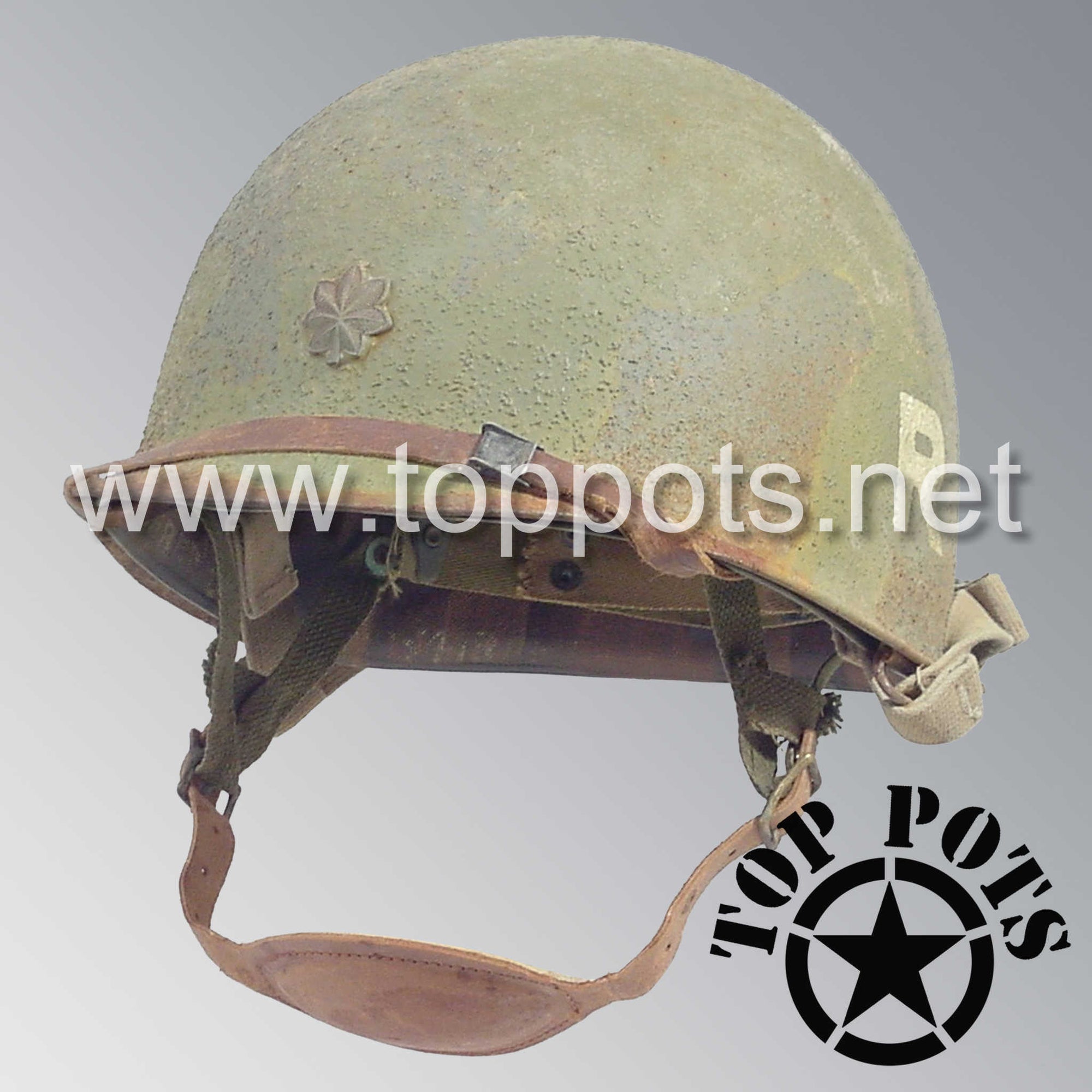 WWII US Army Aged Original M1C Paratrooper Airborne Helmet Swivel Bale Shell and Liner with 101st Airborne Reconnaissance Recon Platoon Officer Emblem