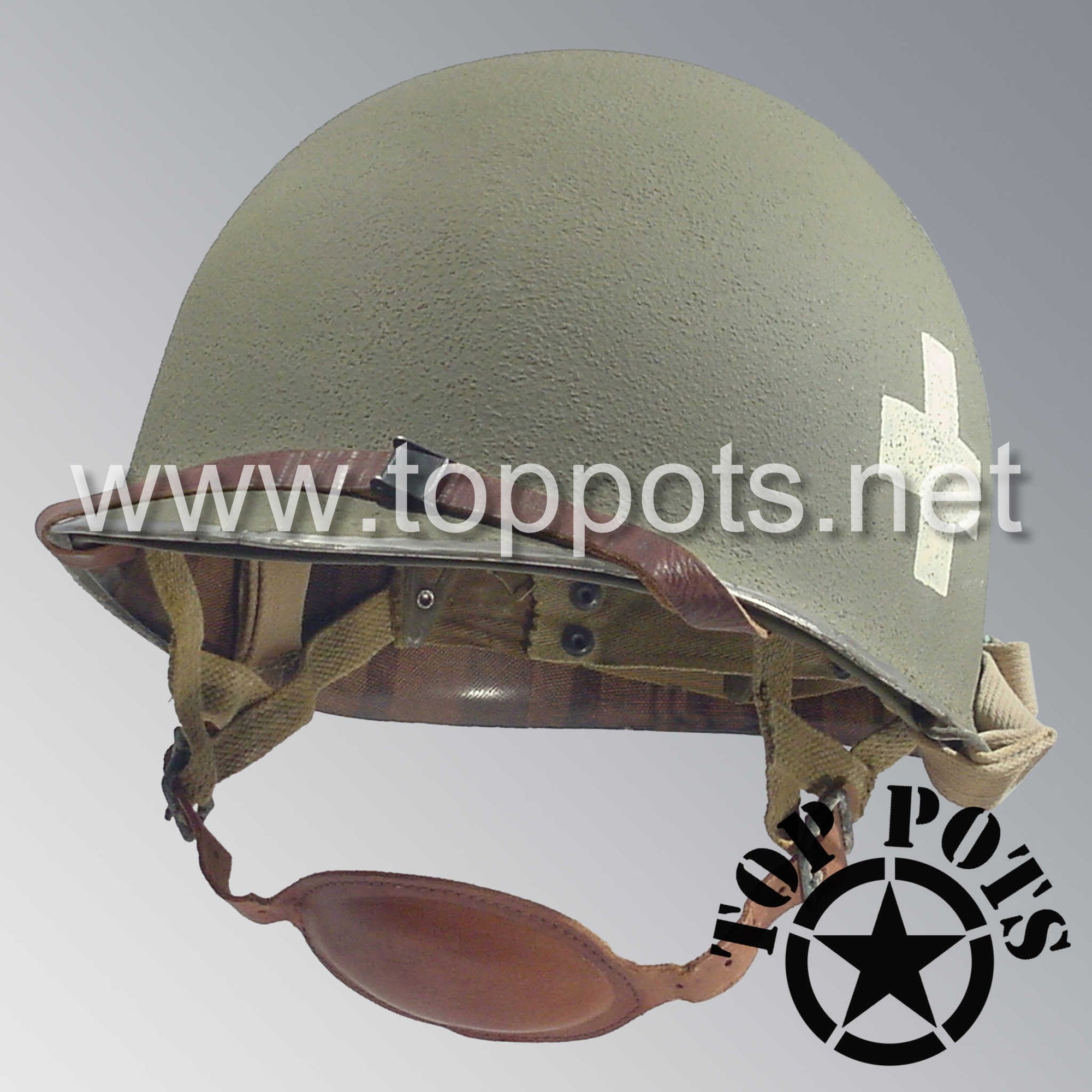 WWII US Army Restored Original M1C Paratrooper Airborne Helmet Swivel Bale Shell and Liner with 101st 326th Airborne Medical Company NCO Emblem