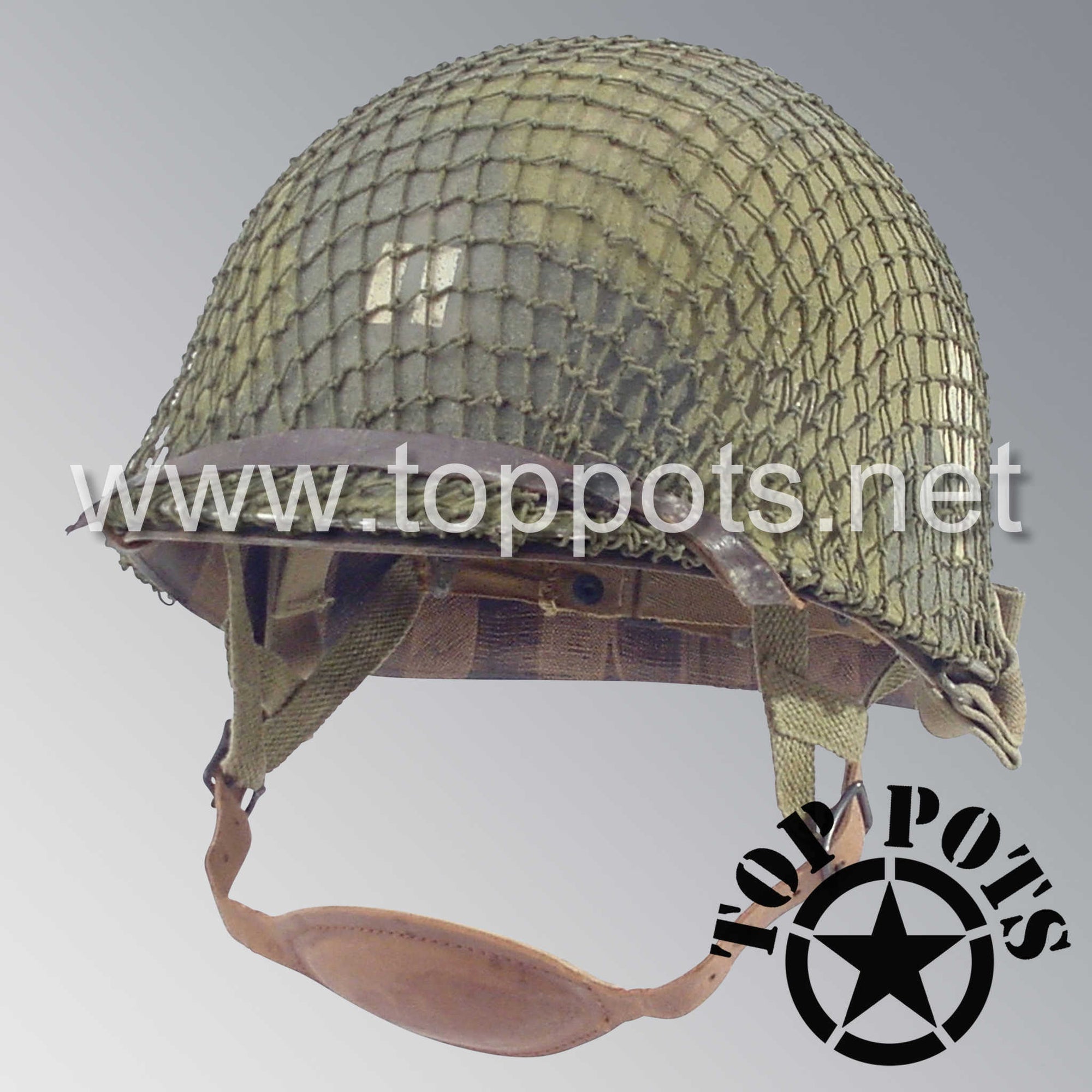 WWII US Army Aged Original M1C Paratrooper Airborne Helmet Swivel Bale Shell and Liner with 506th PIR 2nd Battalion Pathfinder Camouflage Emblem and Net