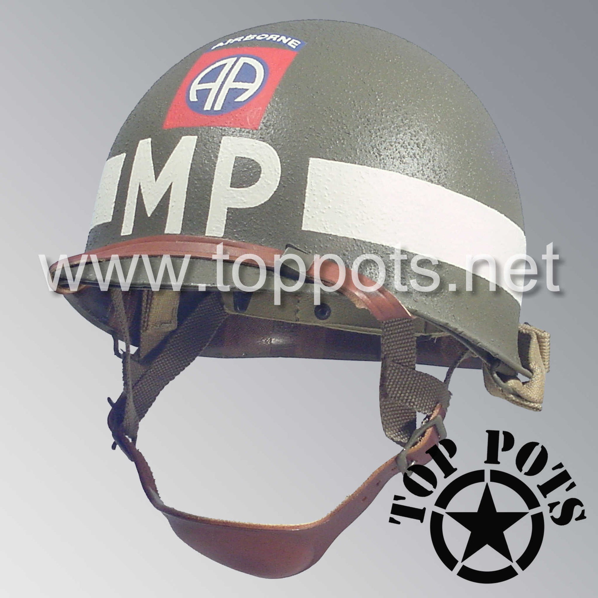 WWII US Army Restored Original M1C Paratrooper Airborne Helmet Swivel Bale Shell and Liner with 82nd Airborne Military Police Battalion MP Emblem