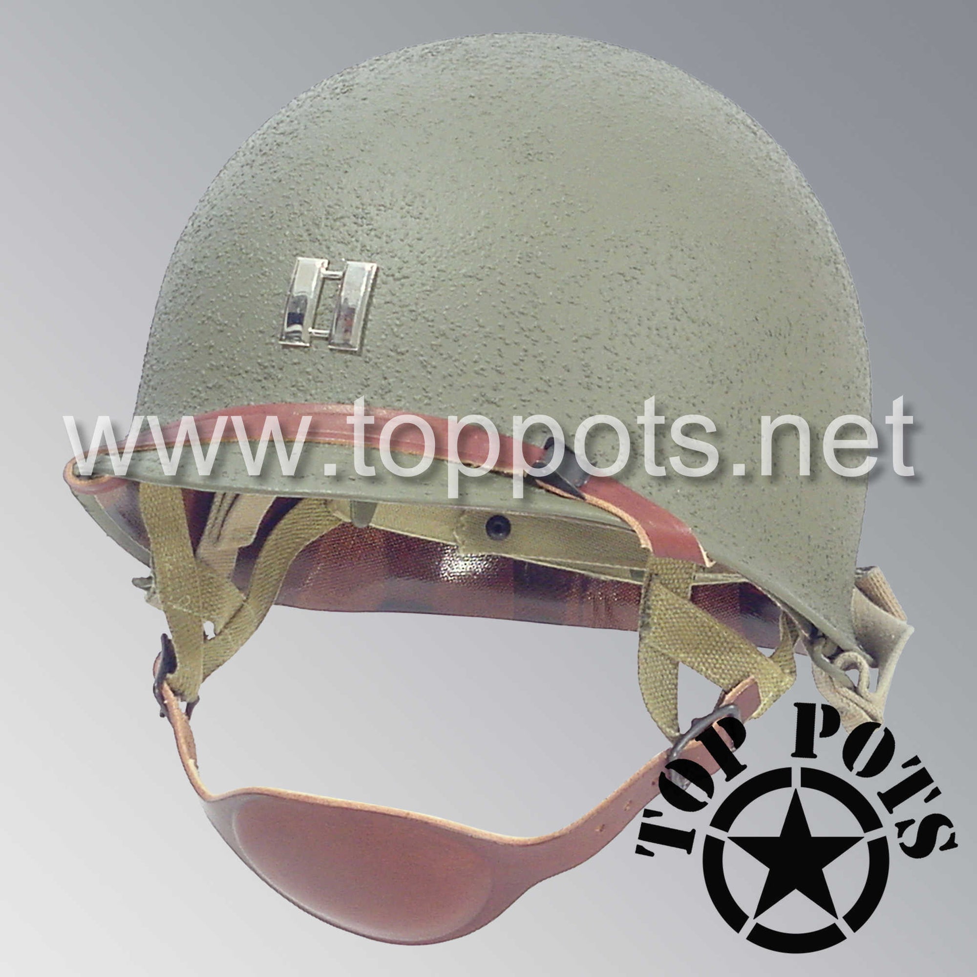 WWII US Army Restored Original M1C Paratrooper Airborne Helmet Swivel Bale Shell and Liner with Metal Captain Officer Rank Emblem