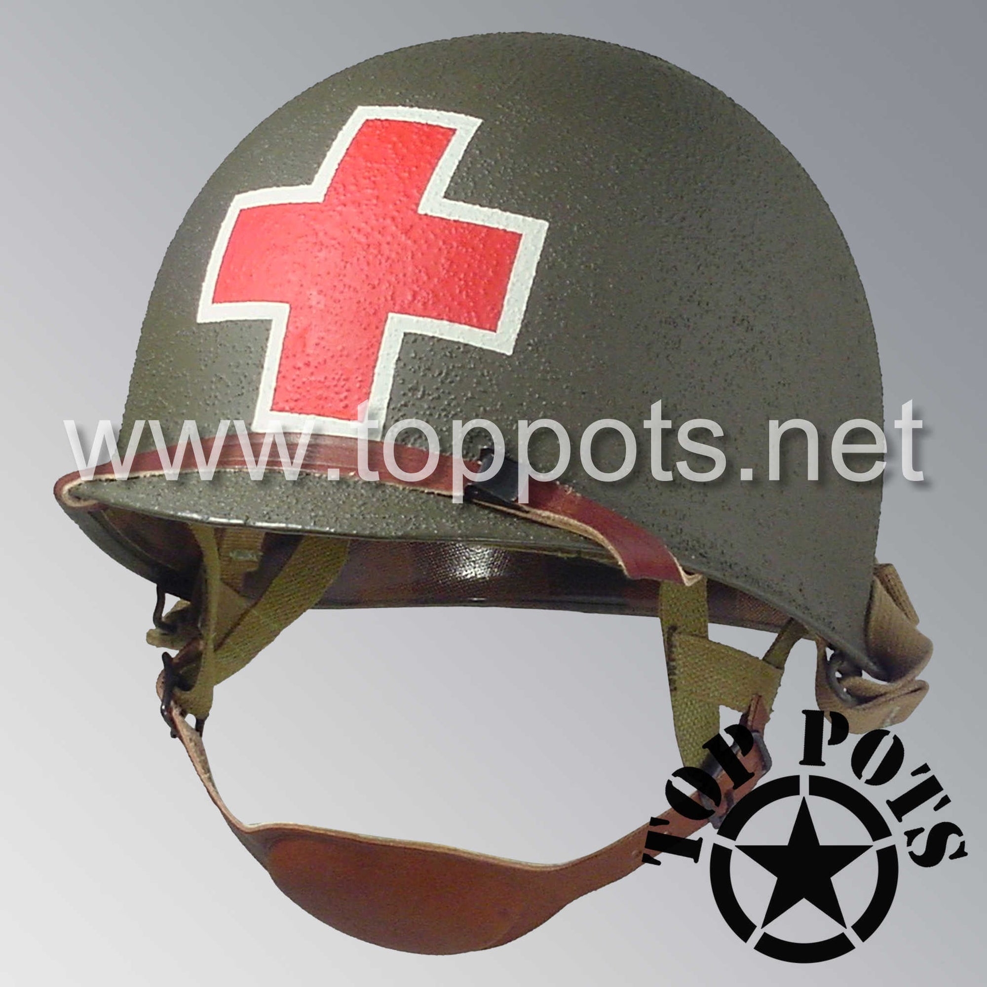 WWII US Army Restored Original M1C Paratrooper Airborne Helmet Swivel Bale Shell and Liner with Two Panel Medic Emblem