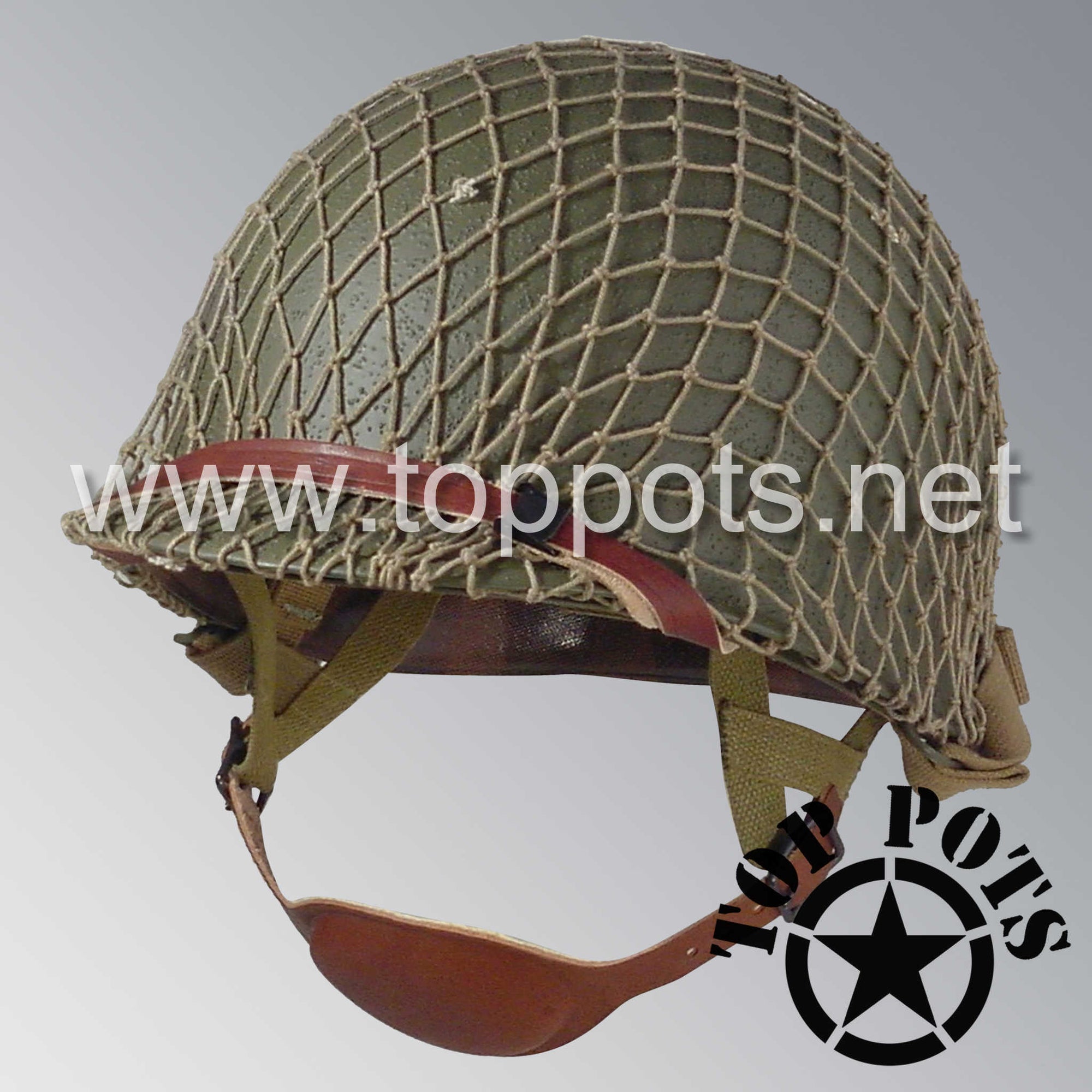 WWII US Army Restored Original M1C Paratrooper Airborne Helmet Swivel Bale Shell and Liner with Khaki Net