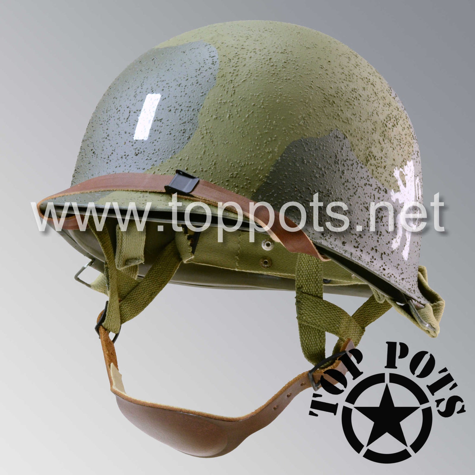 WWII US Army Reproduction M1C Paratrooper Airborne Helmet Swivel Bale Shell and Liner with 505th PIR Officer Pathfinder Camouflage Emblem