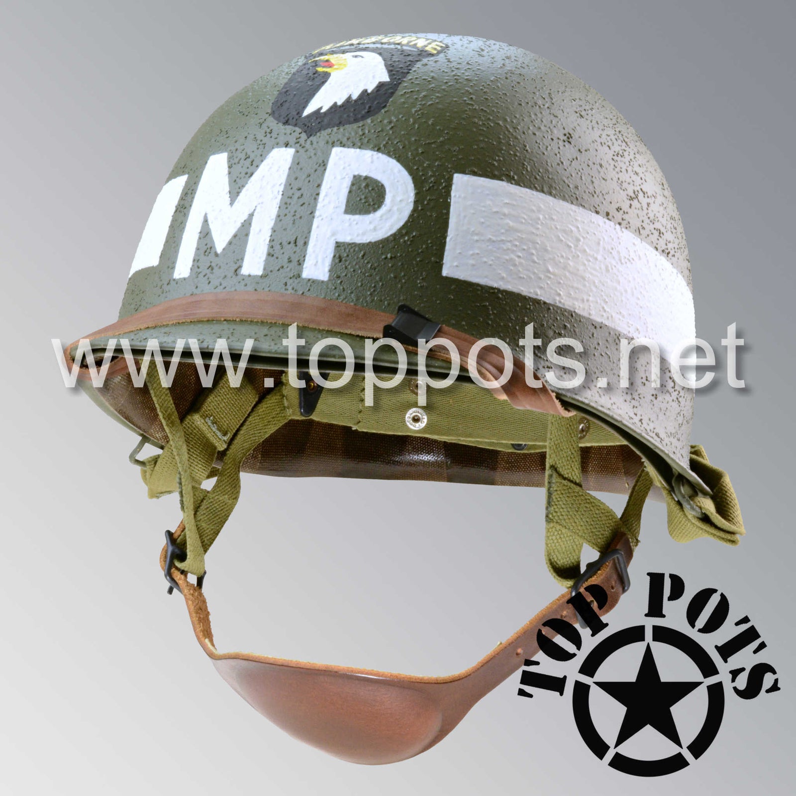 WWII US Army Restored Original M1C Paratrooper Airborne Helmet Swivel Bale Shell and Liner with 101st Airborne MP Military Police Emblem
