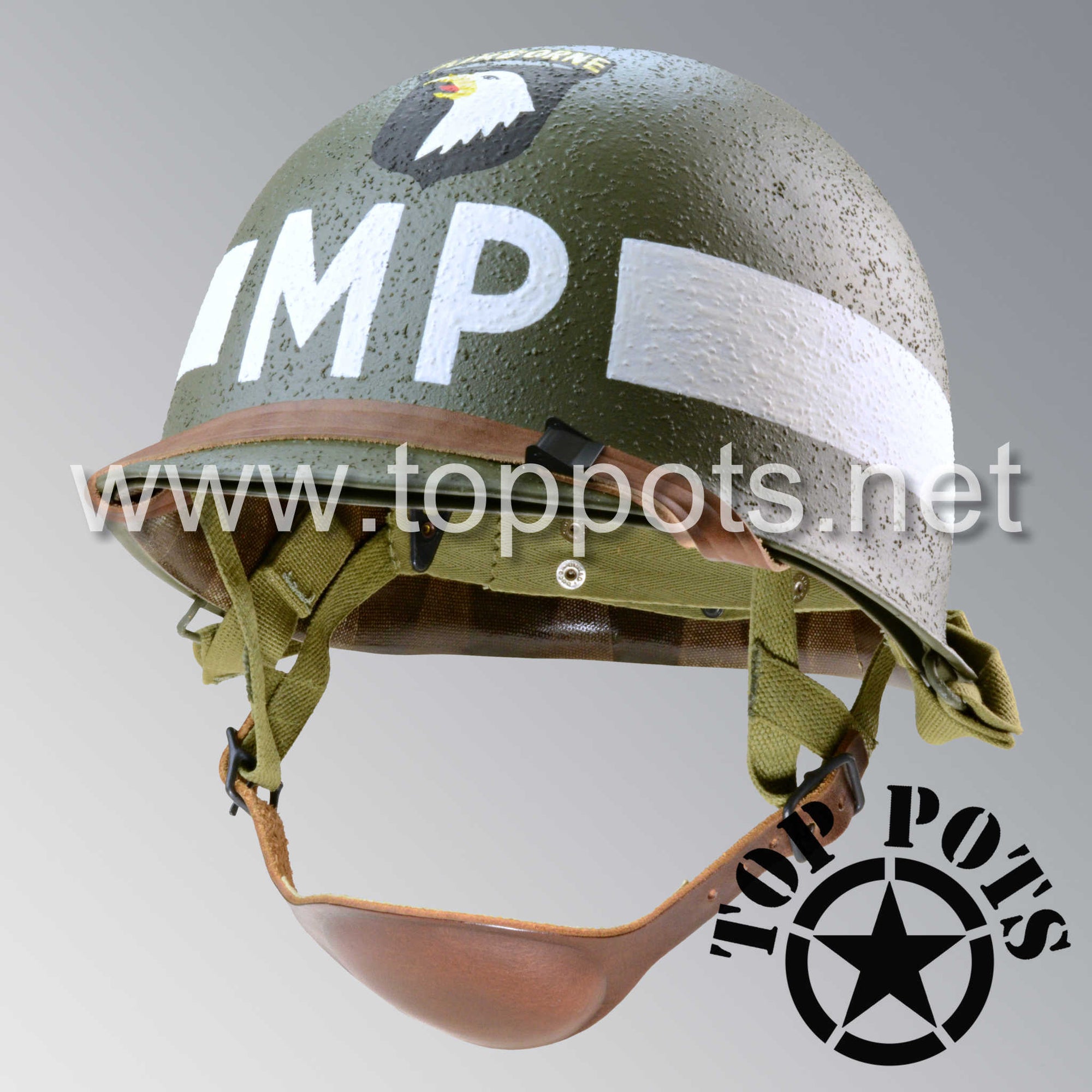 WWII US Army Restored Original M1C Paratrooper Airborne Helmet Swivel Bale Shell and Liner with 101st Airborne MP Military Police Emblem