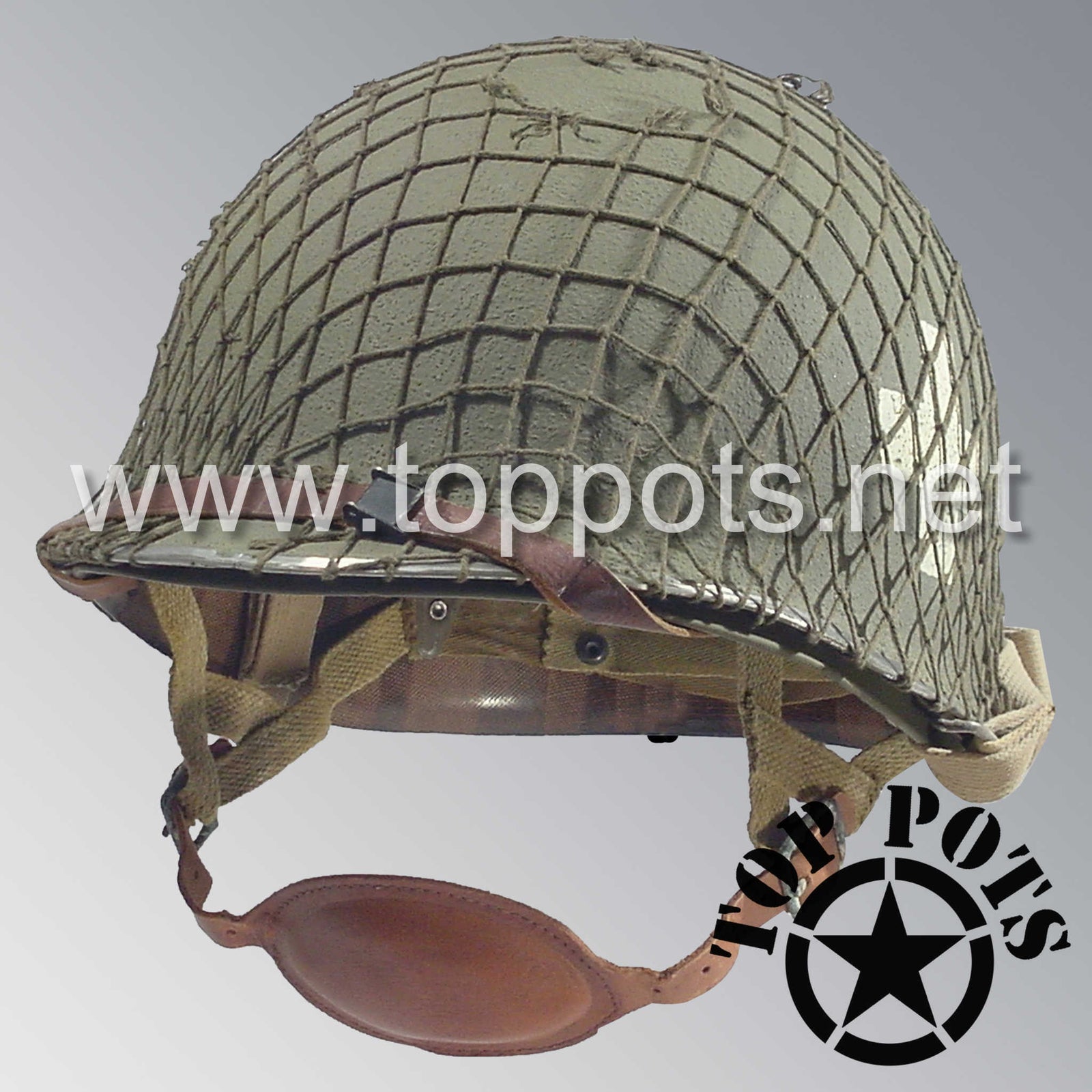 WWII US Army Restored Original M1C Paratrooper Airborne Helmet Swivel Bale Shell and Liner with 101st 326th Airborne Medical Company NCO Emblem and Net