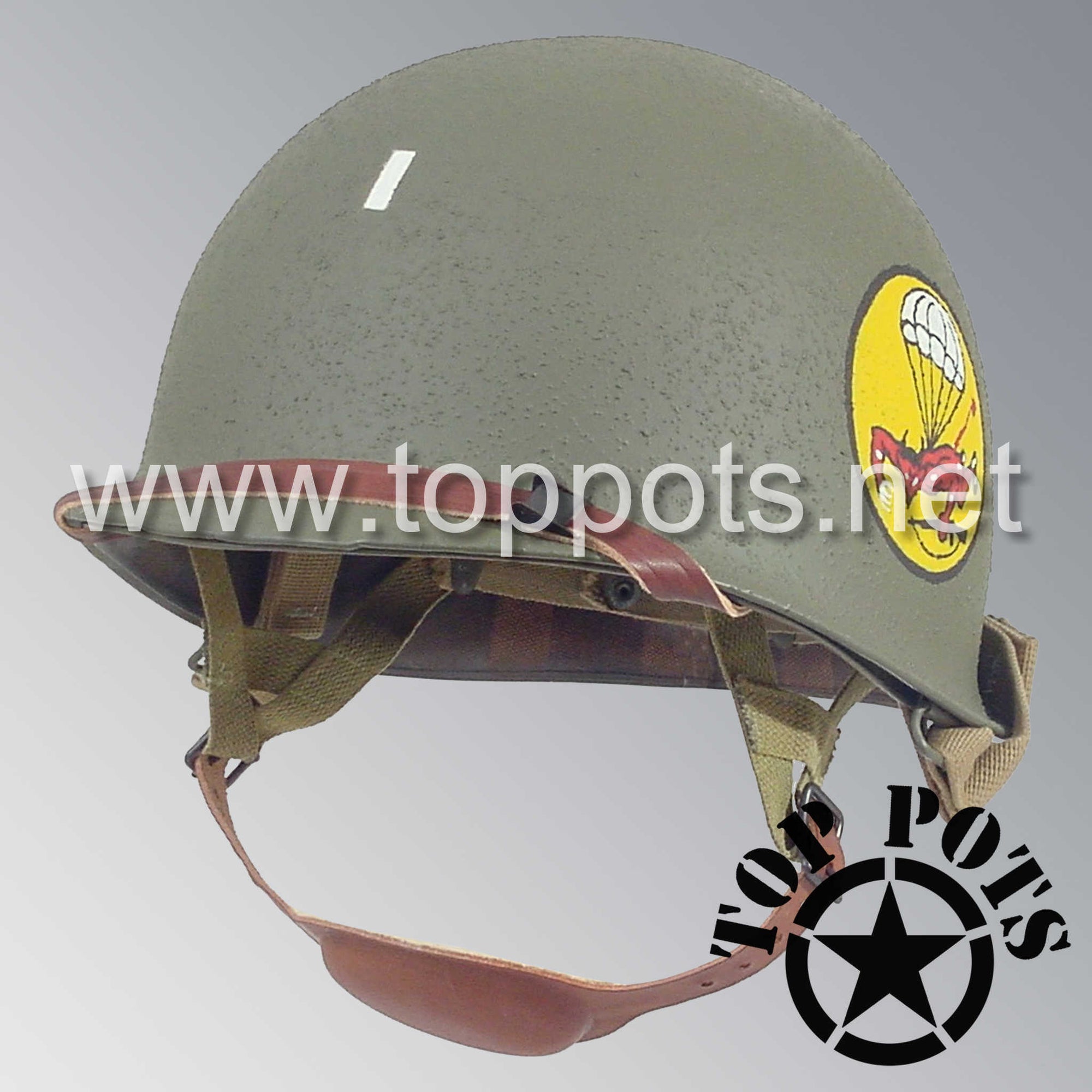WWII US Army Restored Original M1C Paratrooper Airborne Helmet Swivel Bale Shell and Liner with 508th PIR Patch Officer Emblem