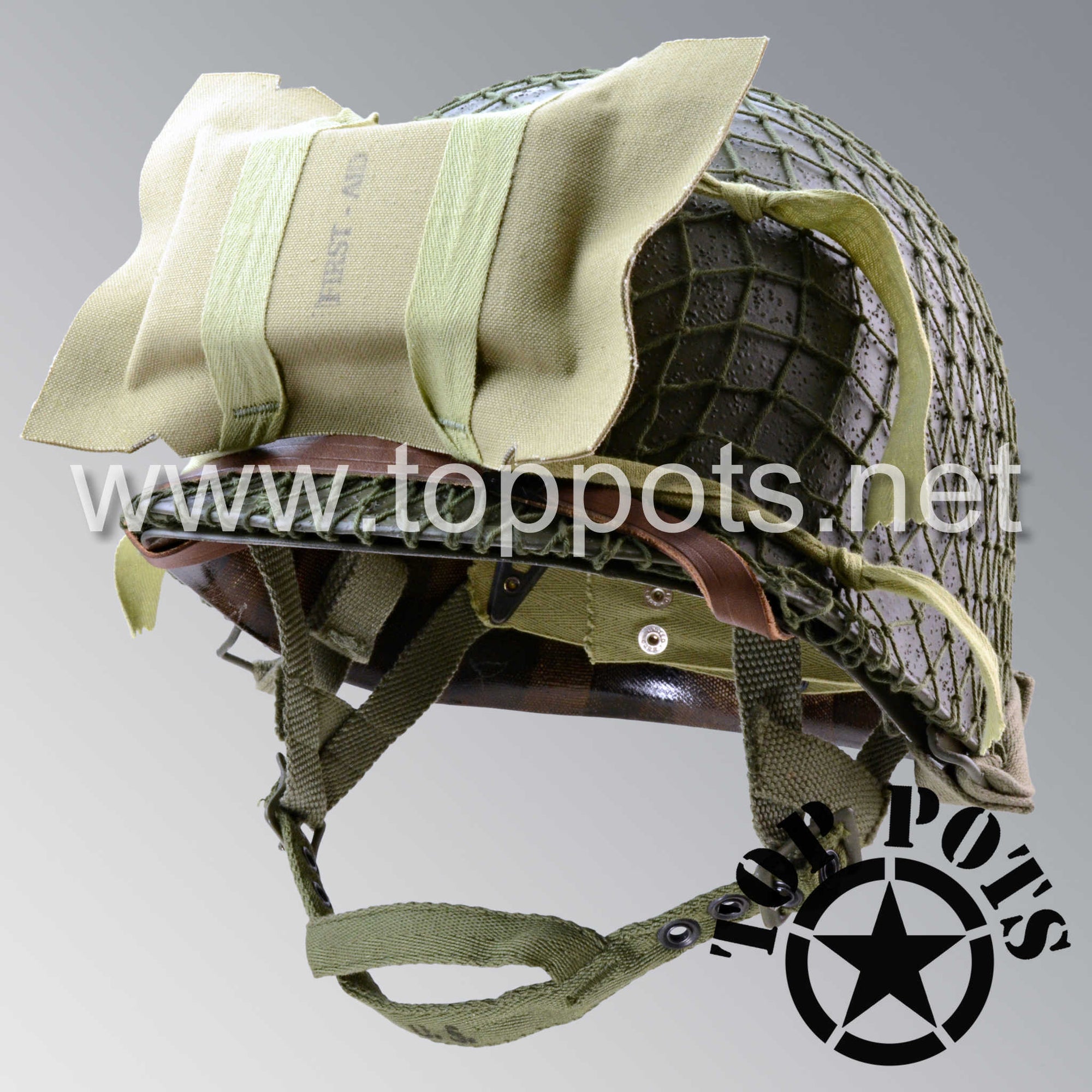 WWII US Army Restored Original M1C Paratrooper Airborne Helmet Swivel Bale Shell and Liner with Westinghouse A Straps, Net, Medic Pack and Webbed Chincup